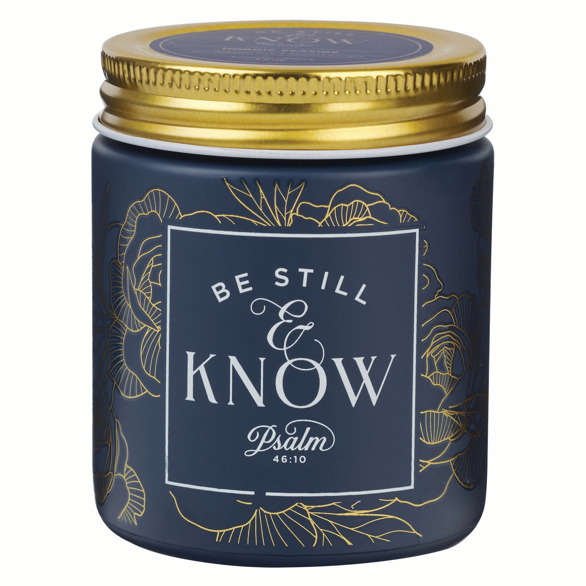 Candle in a Glass Jar with Metal Lid: Be Still & Know (Psalm 46:10), Navy, Nordic Seaside Scent (Serene Roses Collection)