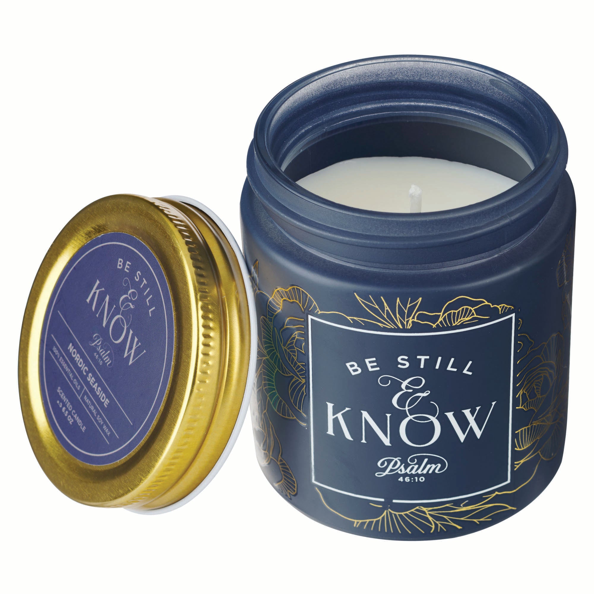 Candle in a Glass Jar with Metal Lid: Be Still & Know (Psalm 46:10), Navy, Nordic Seaside Scent (Serene Roses Collection)