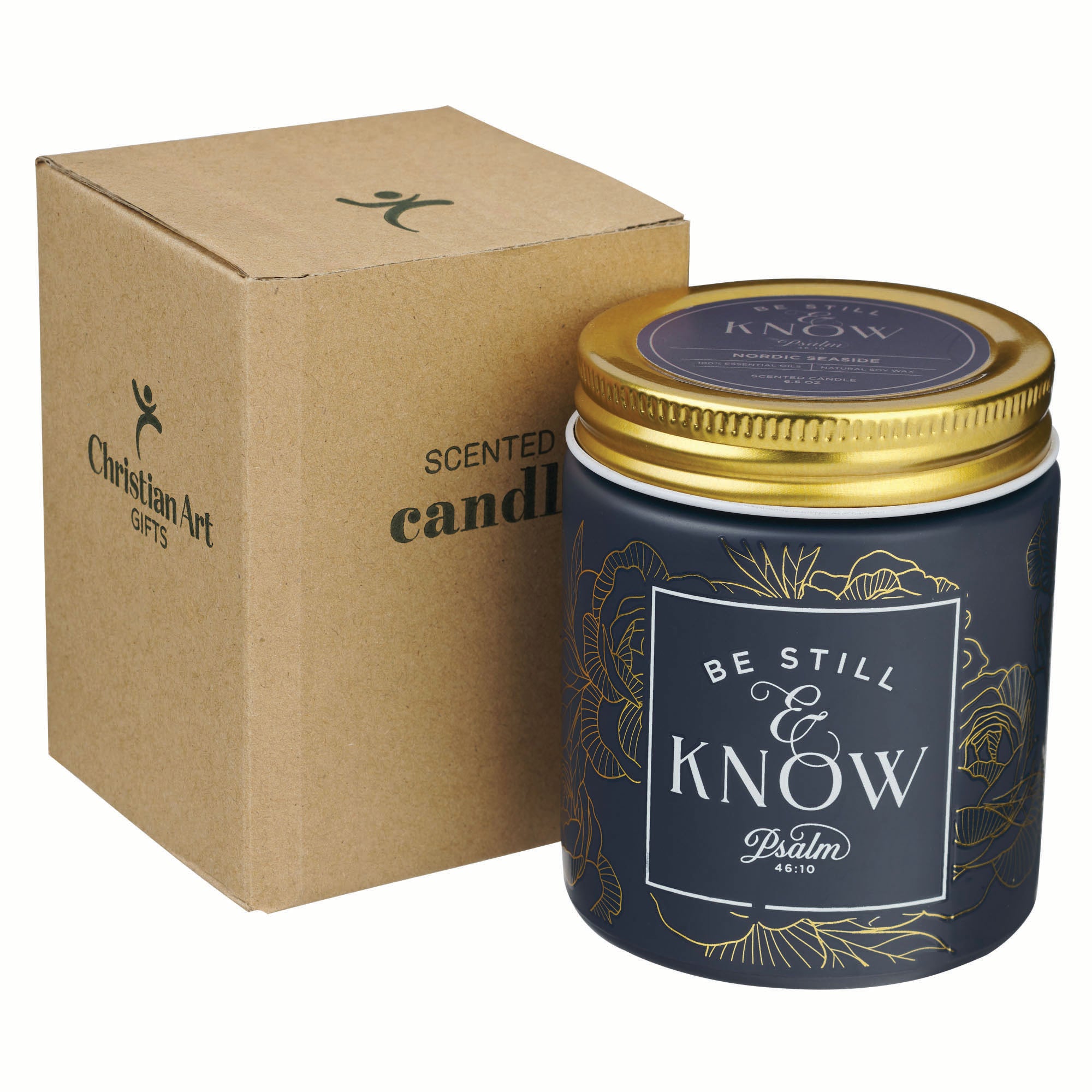 Candle in a Glass Jar with Metal Lid: Be Still & Know (Psalm 46:10), Navy, Nordic Seaside Scent (Serene Roses Collection)