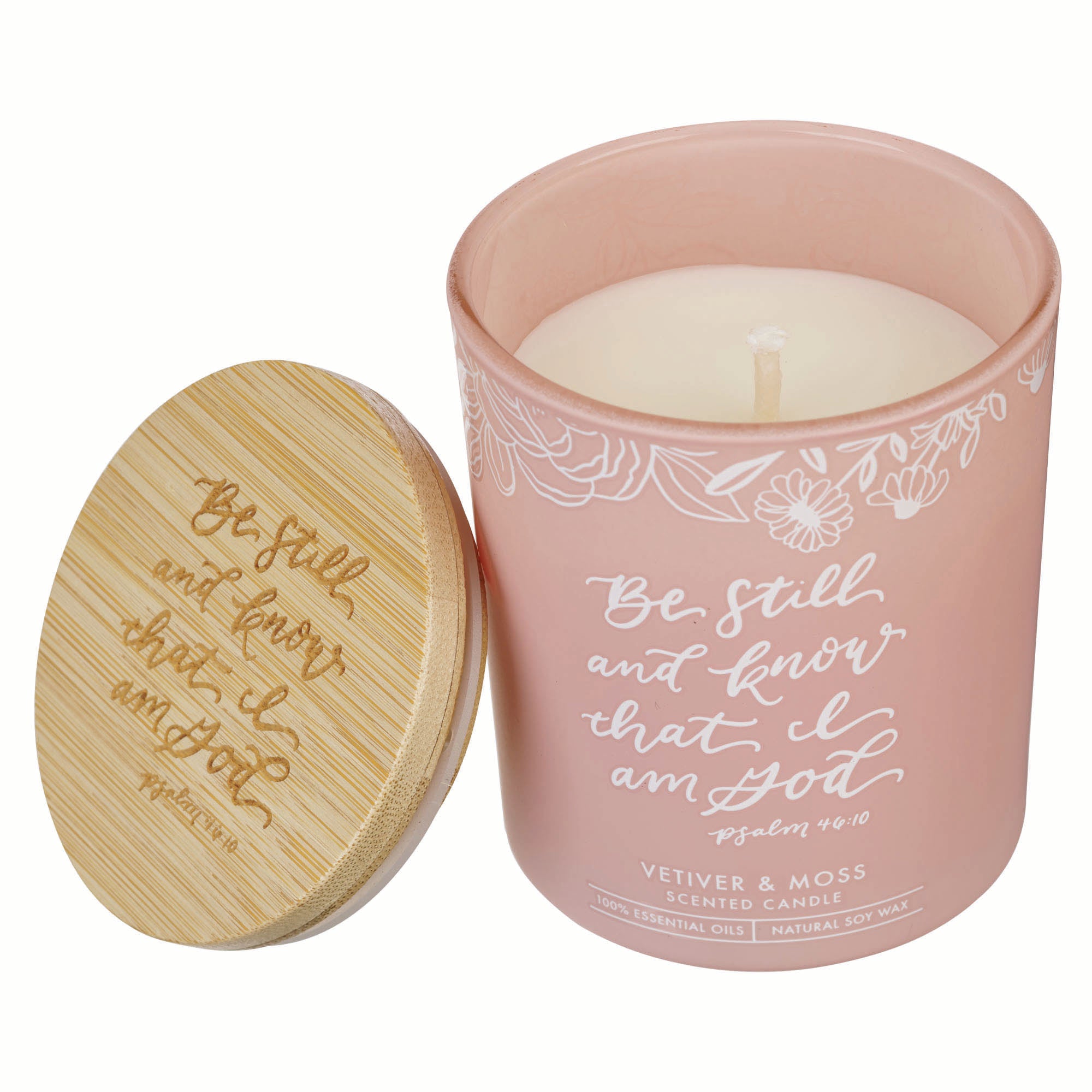 Glass Candle with Bamboo Lid: Pink Be Still Ps. 4610