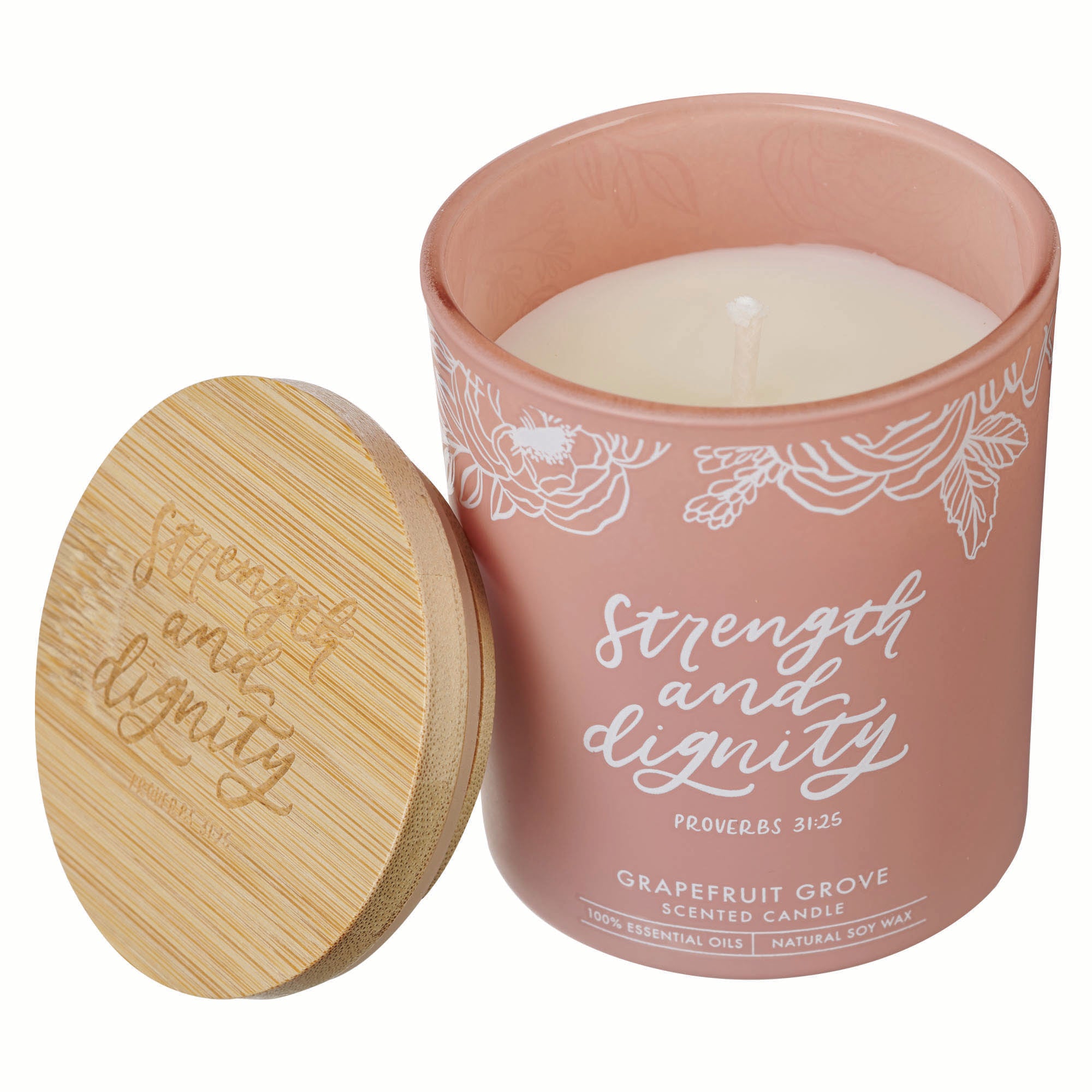 Glass Candle with Bamboo Lid: Pink Strength & Dignity Prov. 3125