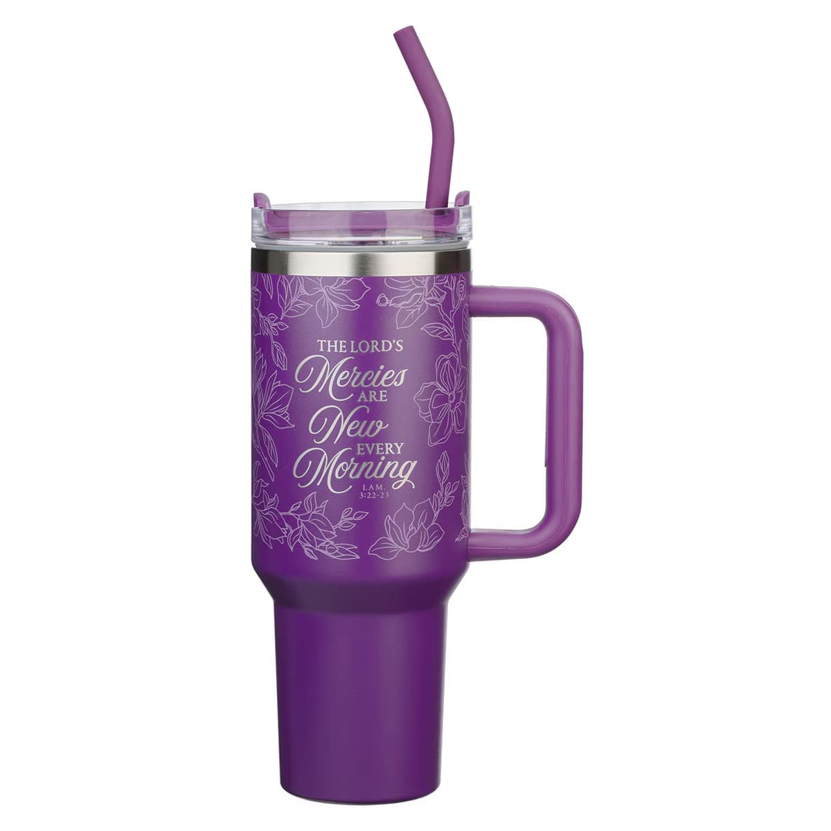 Tumbler with Straw Stainless Steel (1183 ml): His Mercies are New (Lam. 3:22-33), Purple