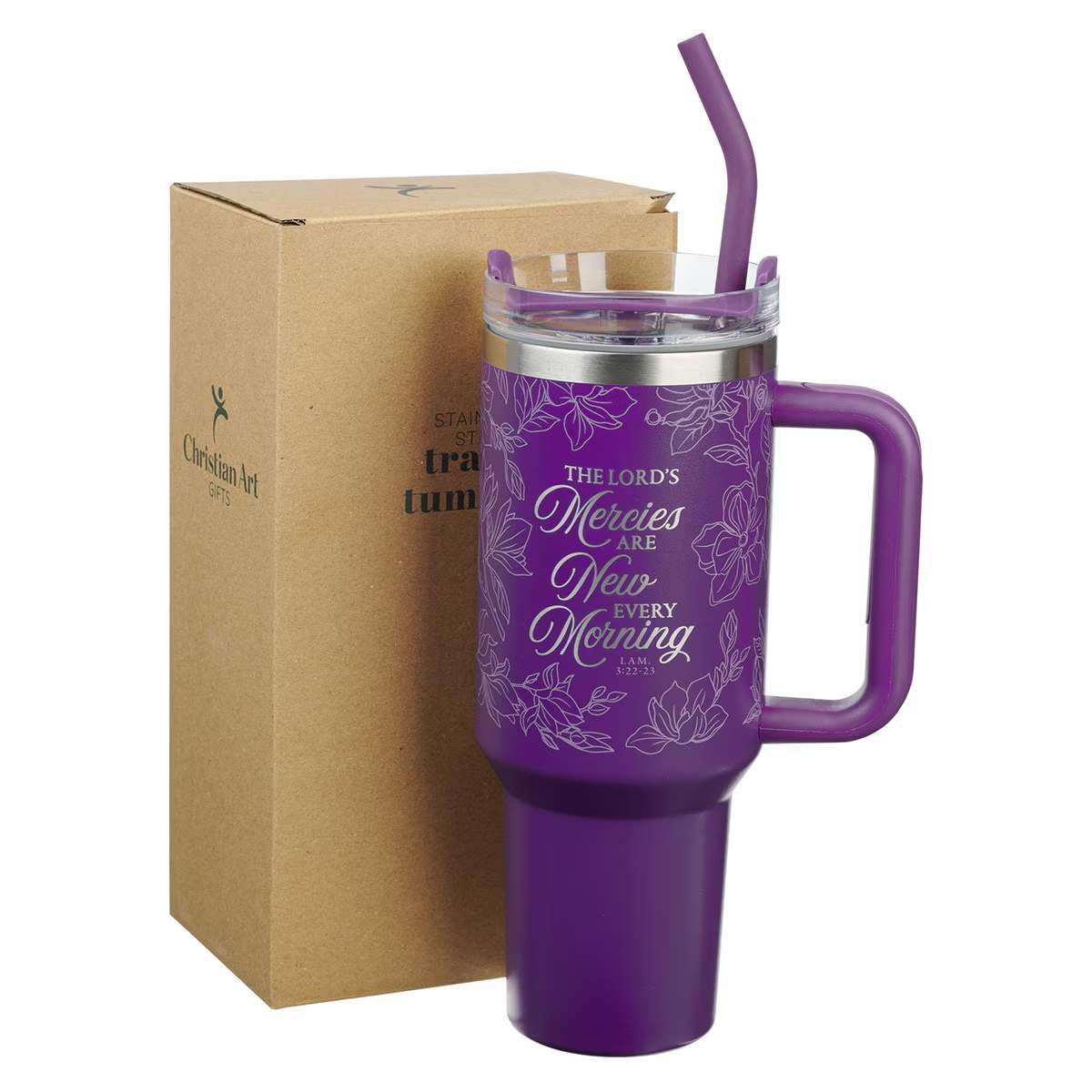Tumbler with Straw Stainless Steel (1183 ml): His Mercies are New (Lam. 3:22-33), Purple