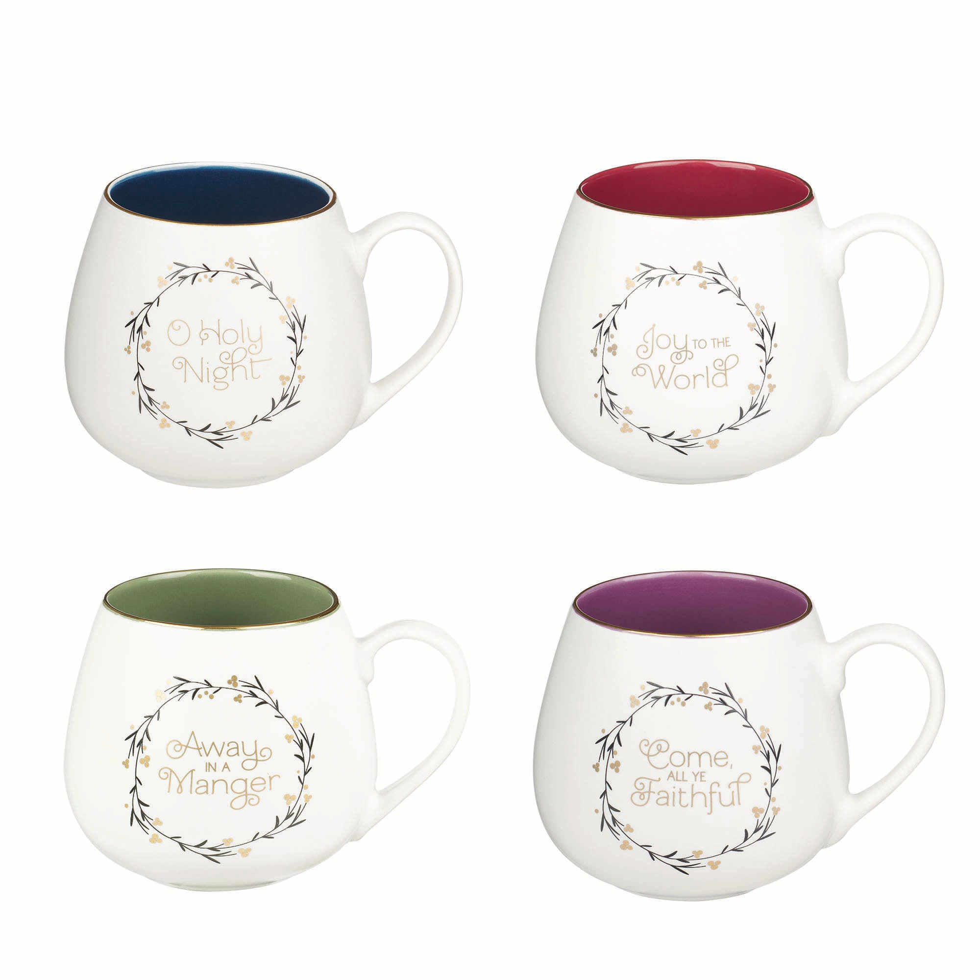 Christmas Ceramic Mug (Set of 4, 355 ml): Christmas Wreath, White outside, coloured insides