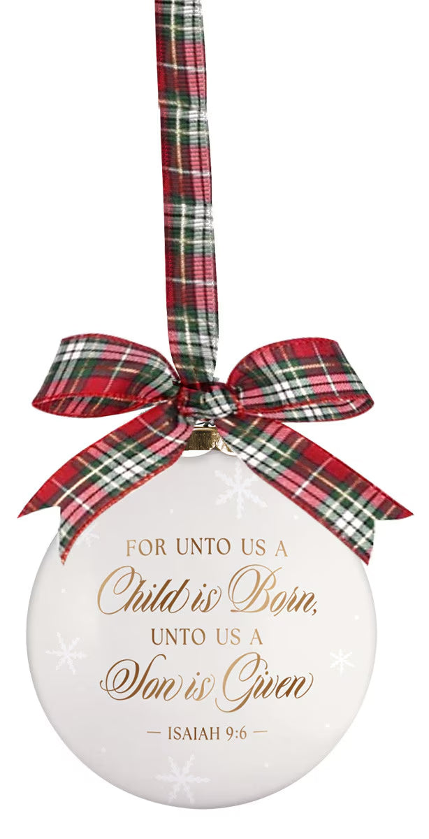 Christmas Bauble Ornament: A Child is Born, White, Ceramic (Isaiah 9:6)