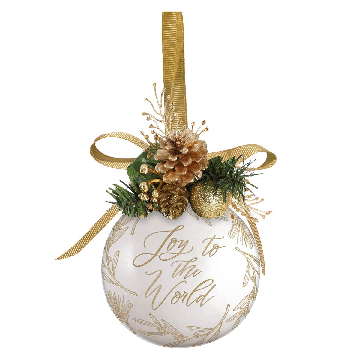 Christmas Bauble Ornament: Joy to the World, White, Ceramic