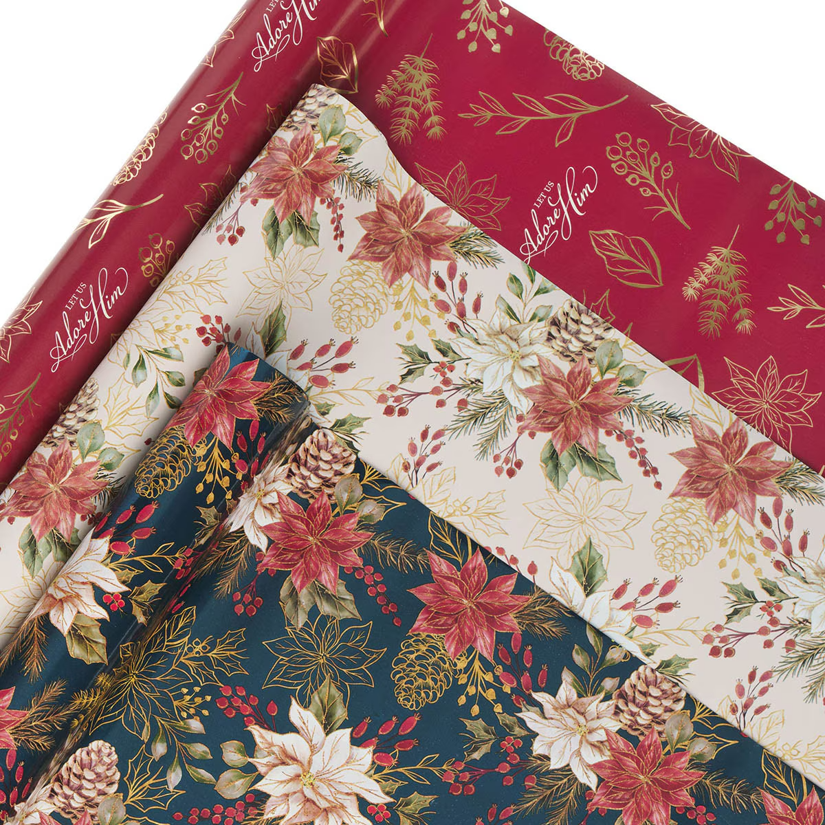 Christmas Wrapping Paper (3 roll set): Adore Him, Poinsettia