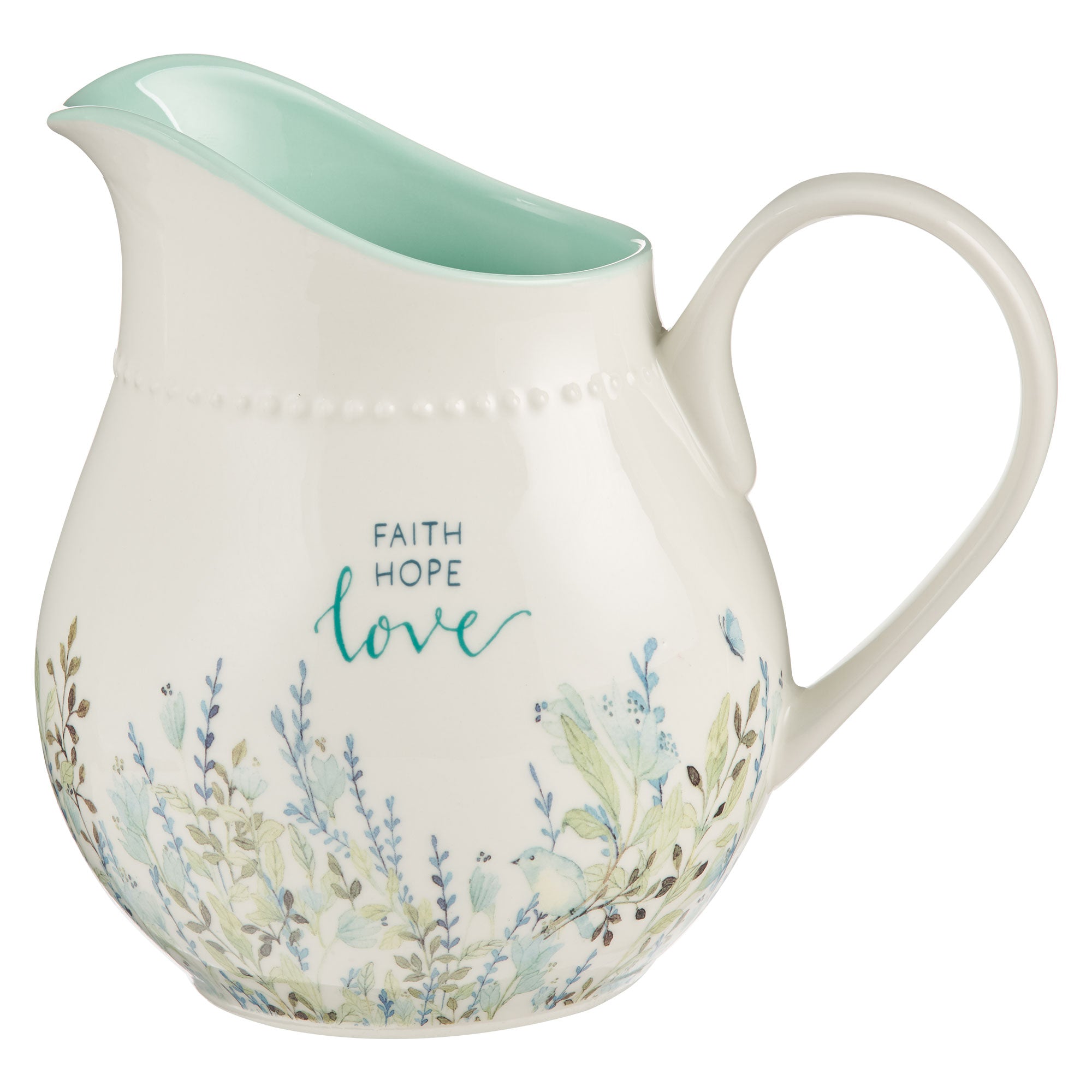 Ceramic Pitcher: Faith Hope Love, Petite Floral, Teal inside