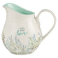 Ceramic Pitcher: Faith Hope Love, Petite Floral, Teal inside