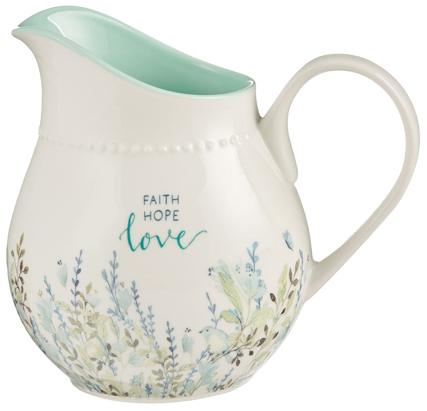 Ceramic Pitcher: Faith Hope Love, Petite Floral, Teal inside