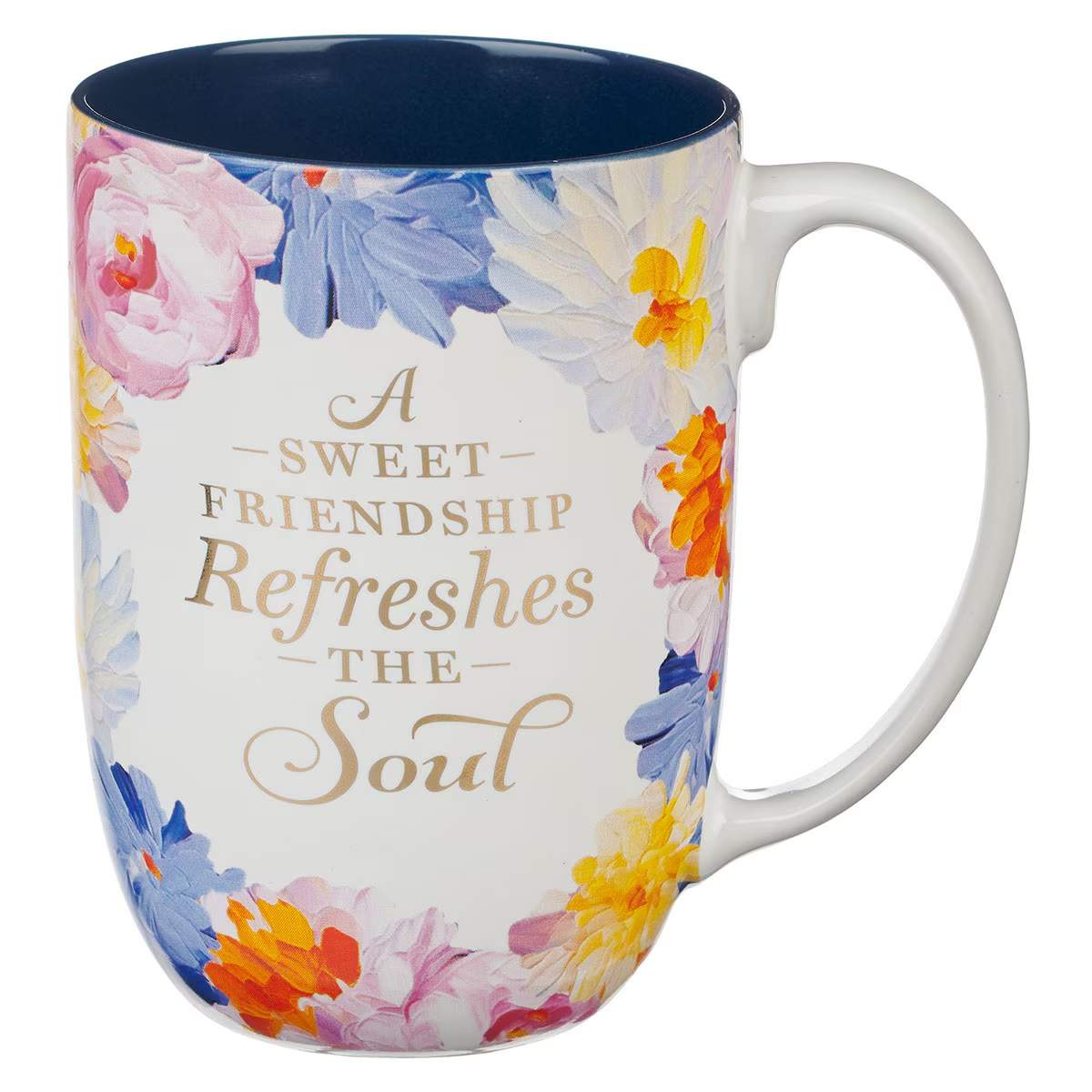 Ceramic Mug (444 ml): A Sweet Friendship, Painted Floral, navy inside, foil accents (Watercolor Garden Collection)