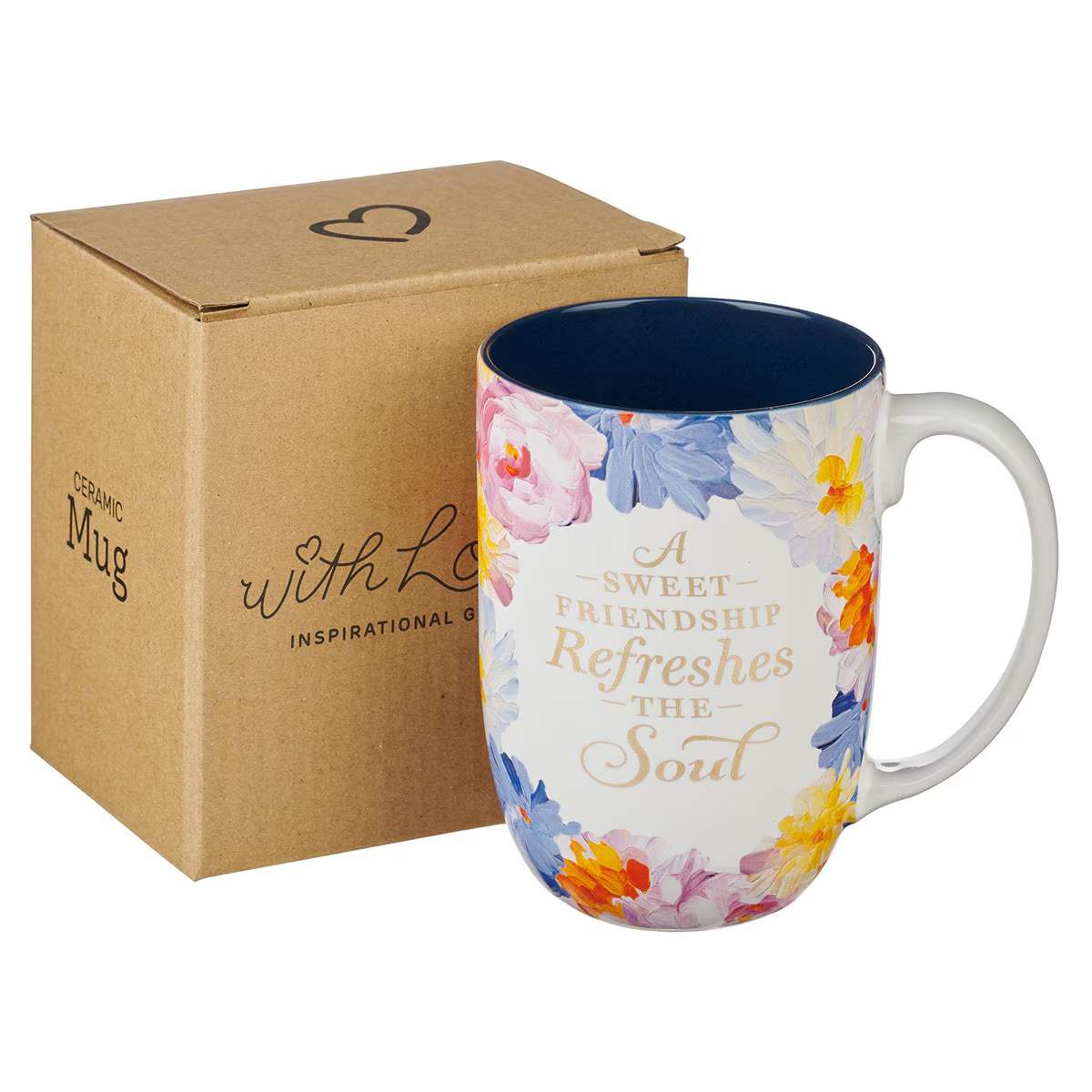 Ceramic Mug (444 ml): A Sweet Friendship, Painted Floral, navy inside, foil accents (Watercolor Garden Collection)