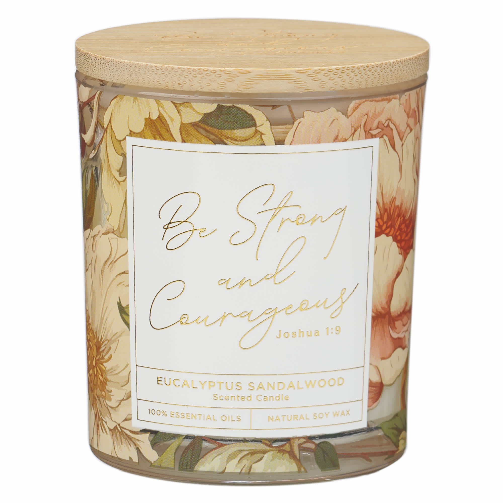 Glass Candle with Bamboo Lid: Floral Strong & Courageous Josh. 19