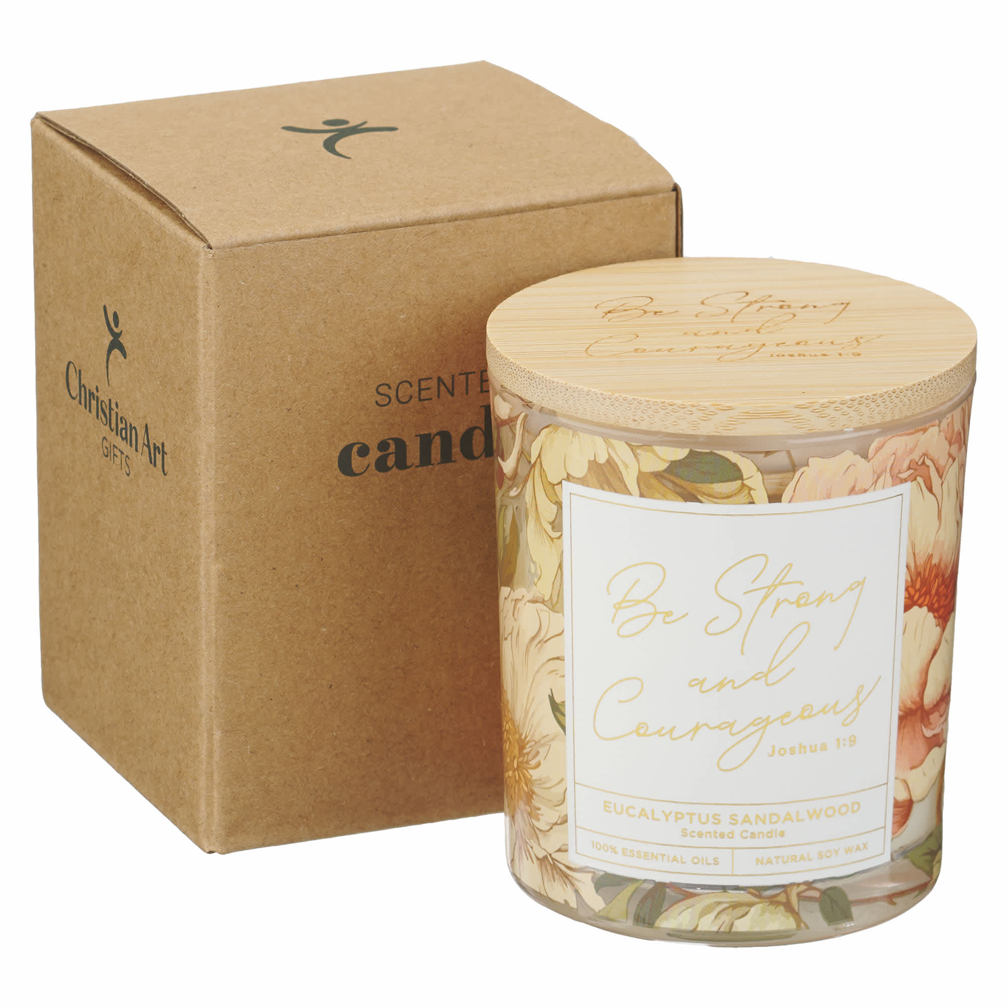 Glass Candle with Bamboo Lid: Floral Strong & Courageous Josh. 19