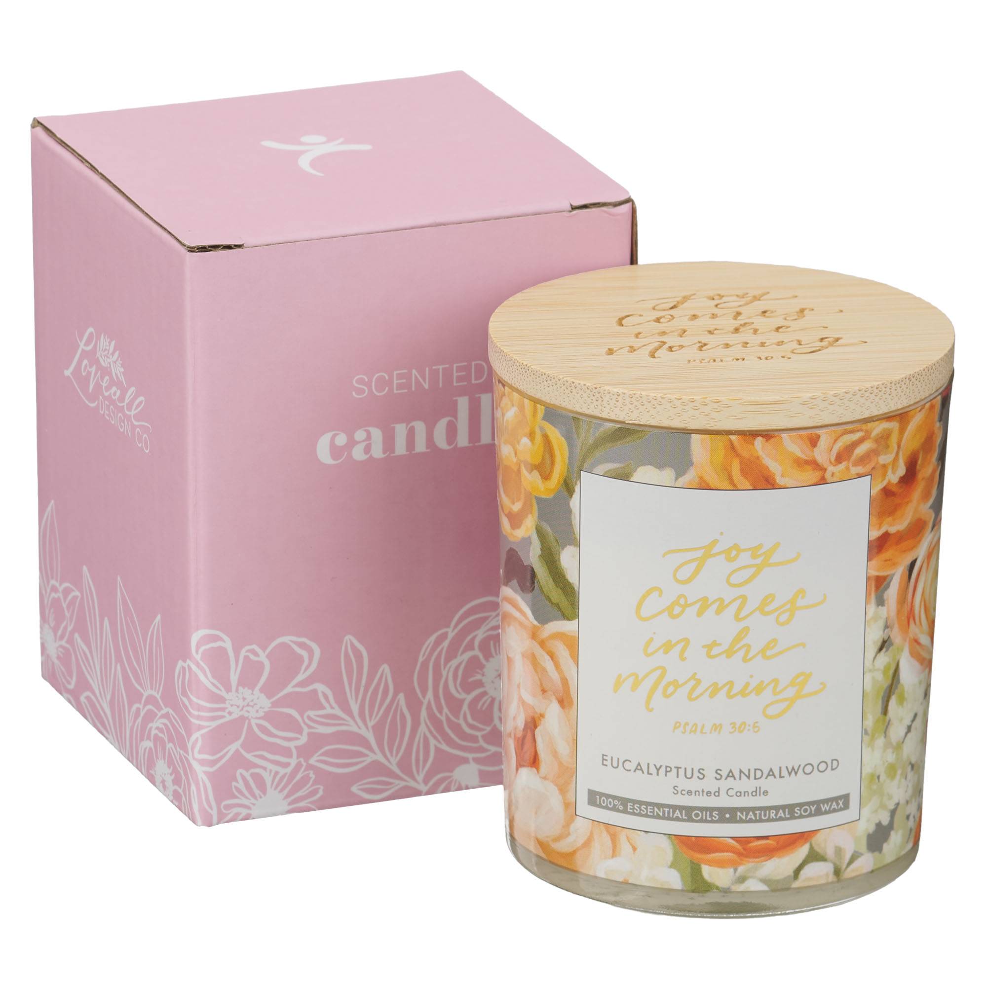 Glass Candle with Bamboo Lid:  Floral Joy Comes in the Morning Ps. 305