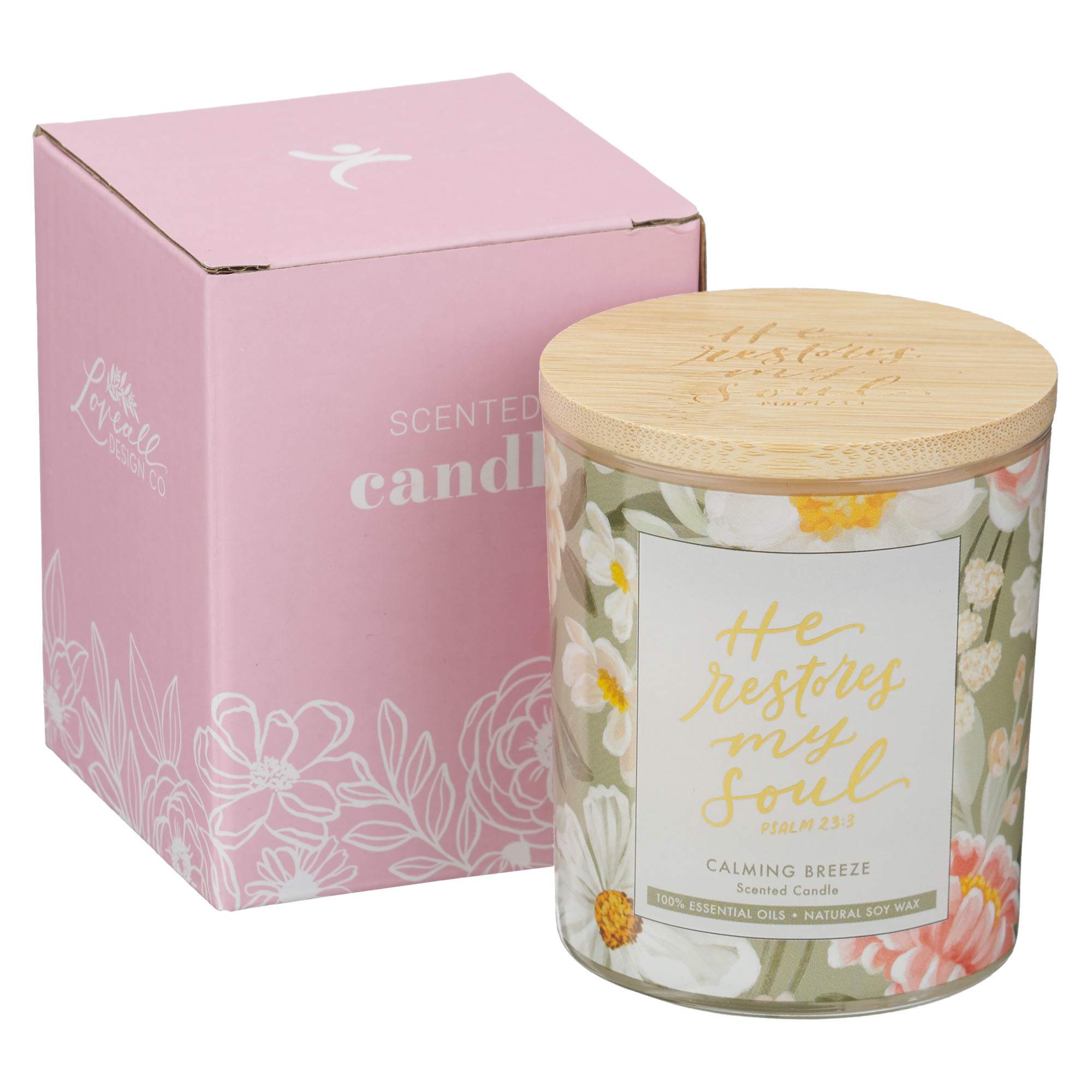 Glass Candle with Bamboo Lid: Floral He Restores my Soul Ps. 233