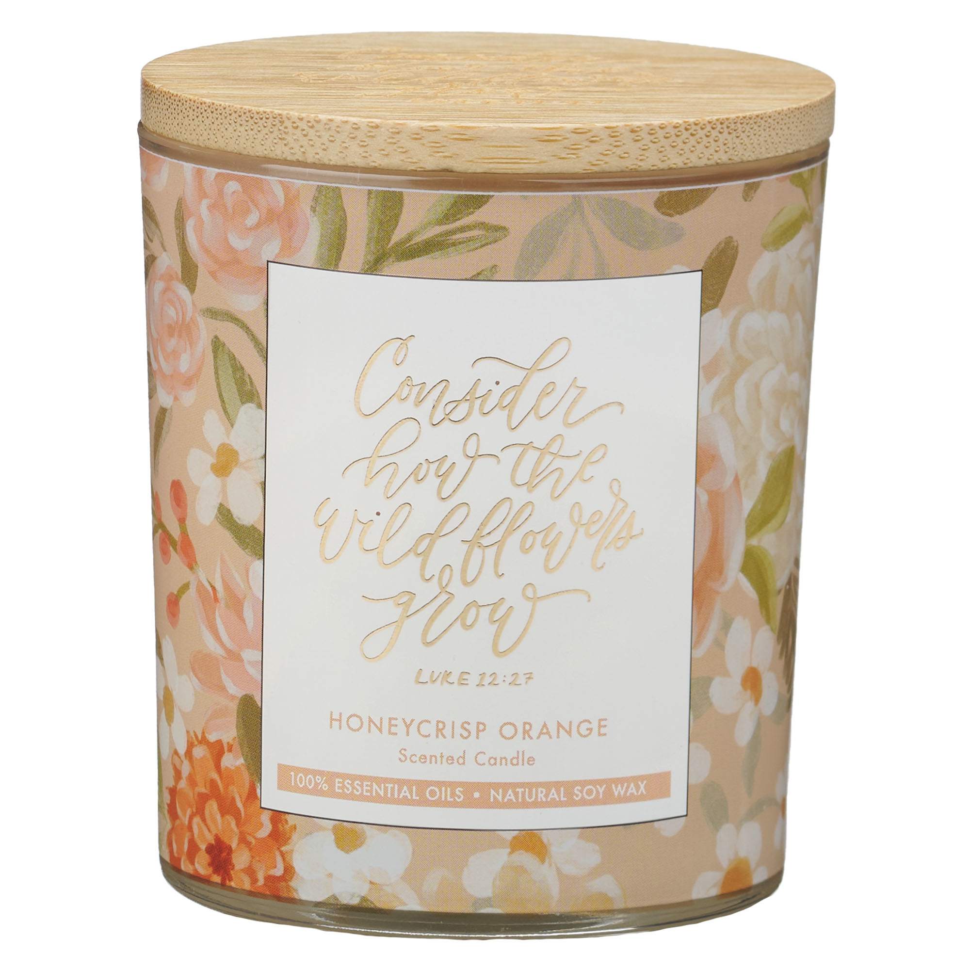 Glass Candle with Bamboo Lid: Floral Consider How the Wildflowers Grow Luke 1227