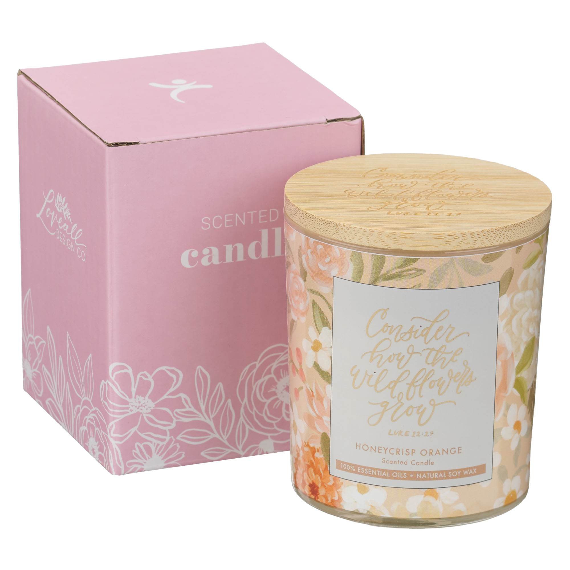 Glass Candle with Bamboo Lid: Floral Consider How the Wildflowers Grow Luke 1227