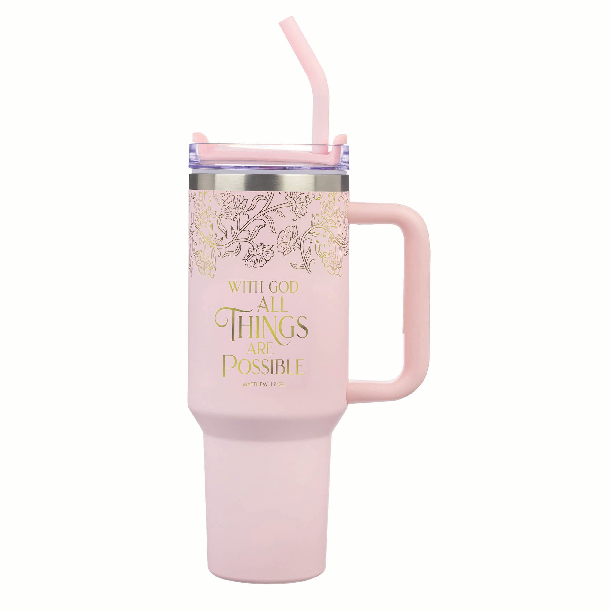 Tumbler with straw, Stainless Steel: Pink With God Matt. 19:26