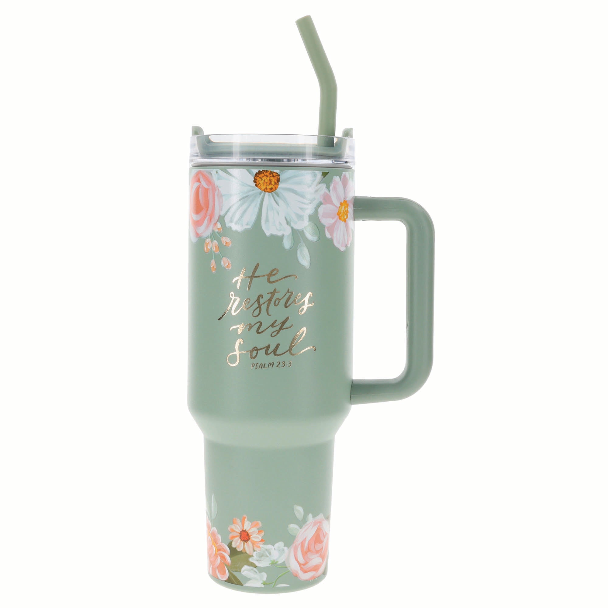 Tumbler with straw, Stainless Steel: Green He Restores my Soul Ps. 23:3