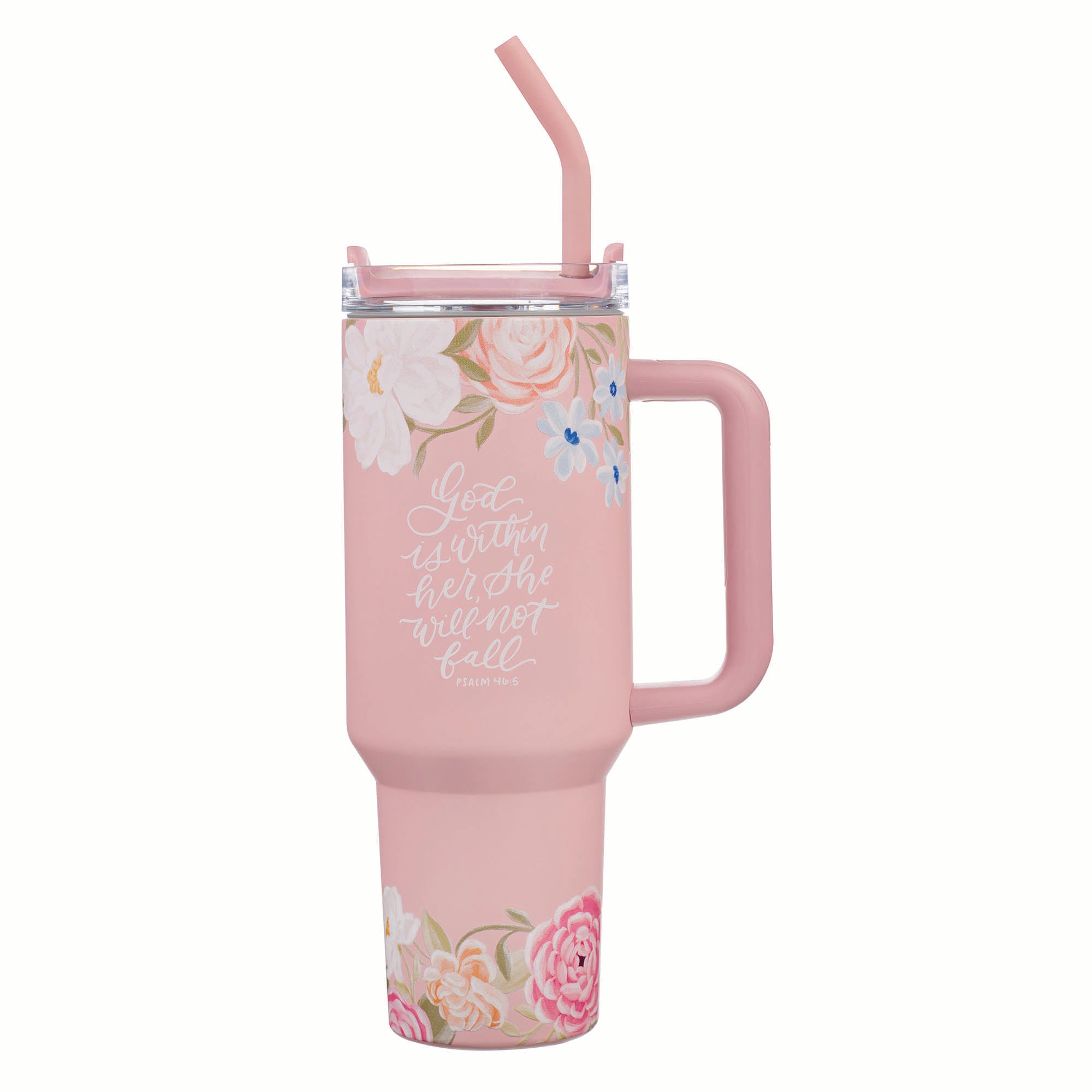 Tumbler with straw, Stainless Steel: Pink Love is Patient Love is Kind 1 Cor. 13:4