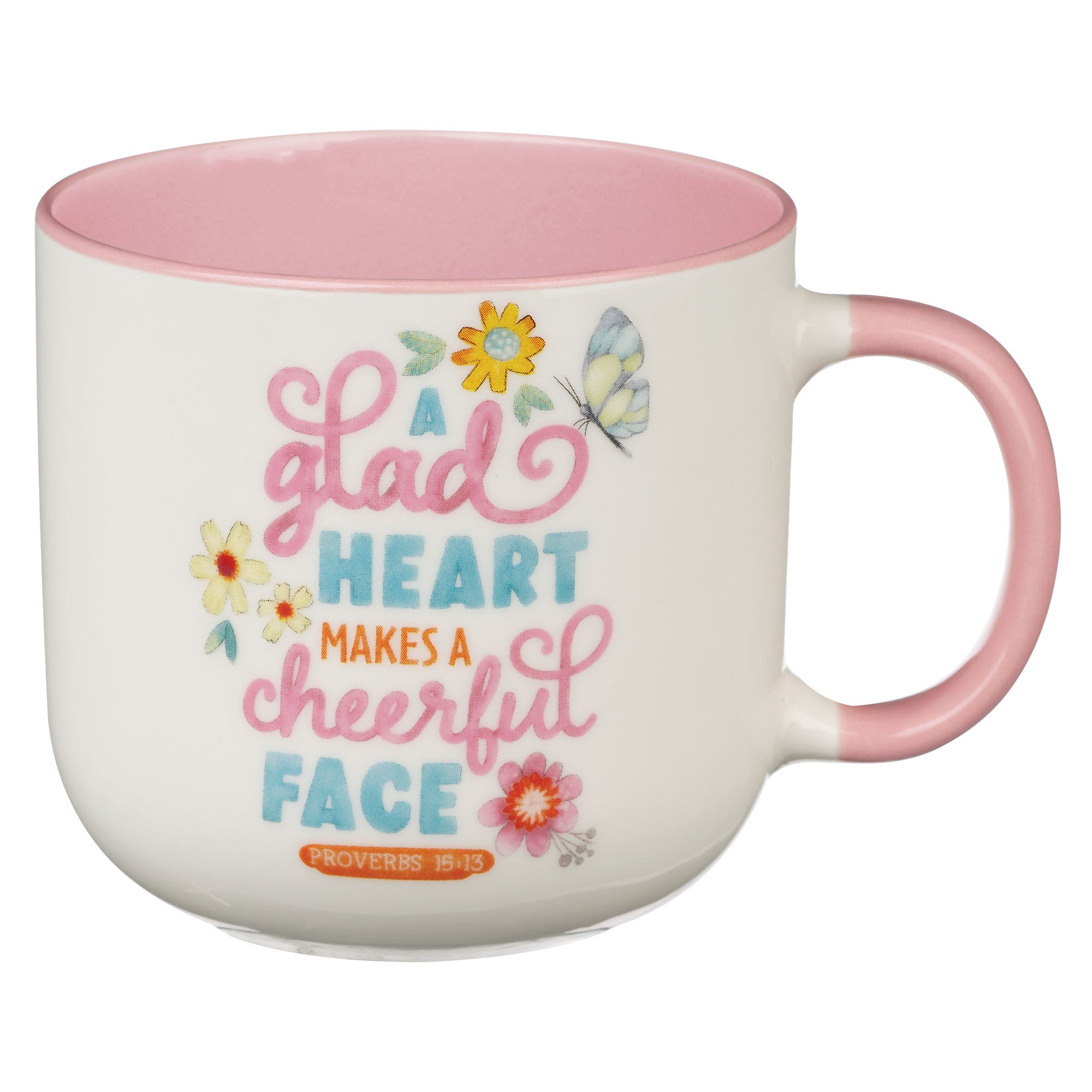 Ceramic Mug (384ml): A Glad Heart Makes a Cheerful face, White/Pink (Girl's Pink Sprinkled with Joy Collection)