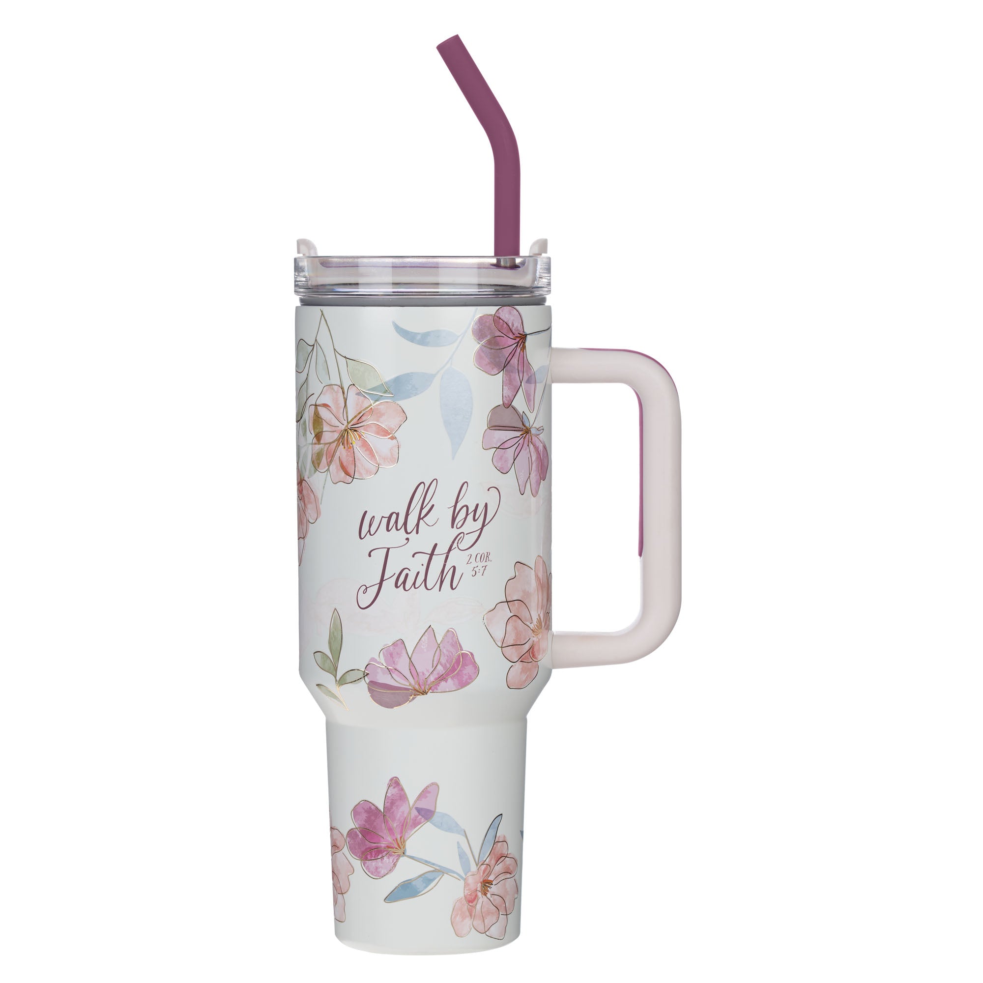Travel Tumbler with Straw, Stainless Steel, 1183ml (Walk by Faith Dusty Pink Cosmos Collection)