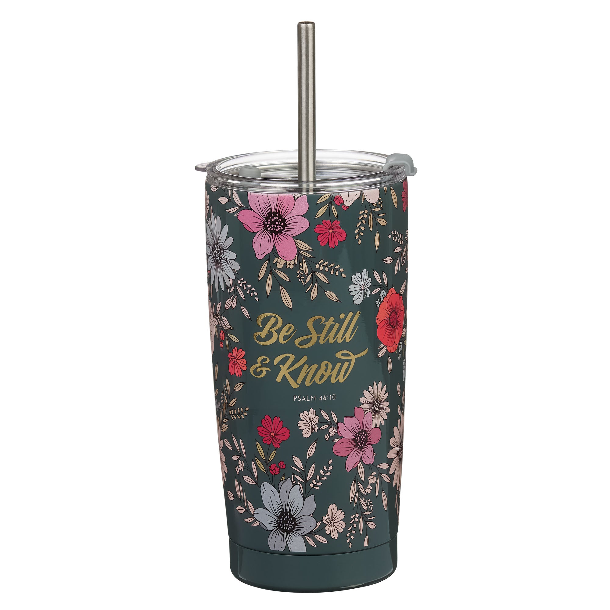 Travel Tumbler with Straw, Stainless Steel, 532ml (Be Still Teal Botanical Collection)