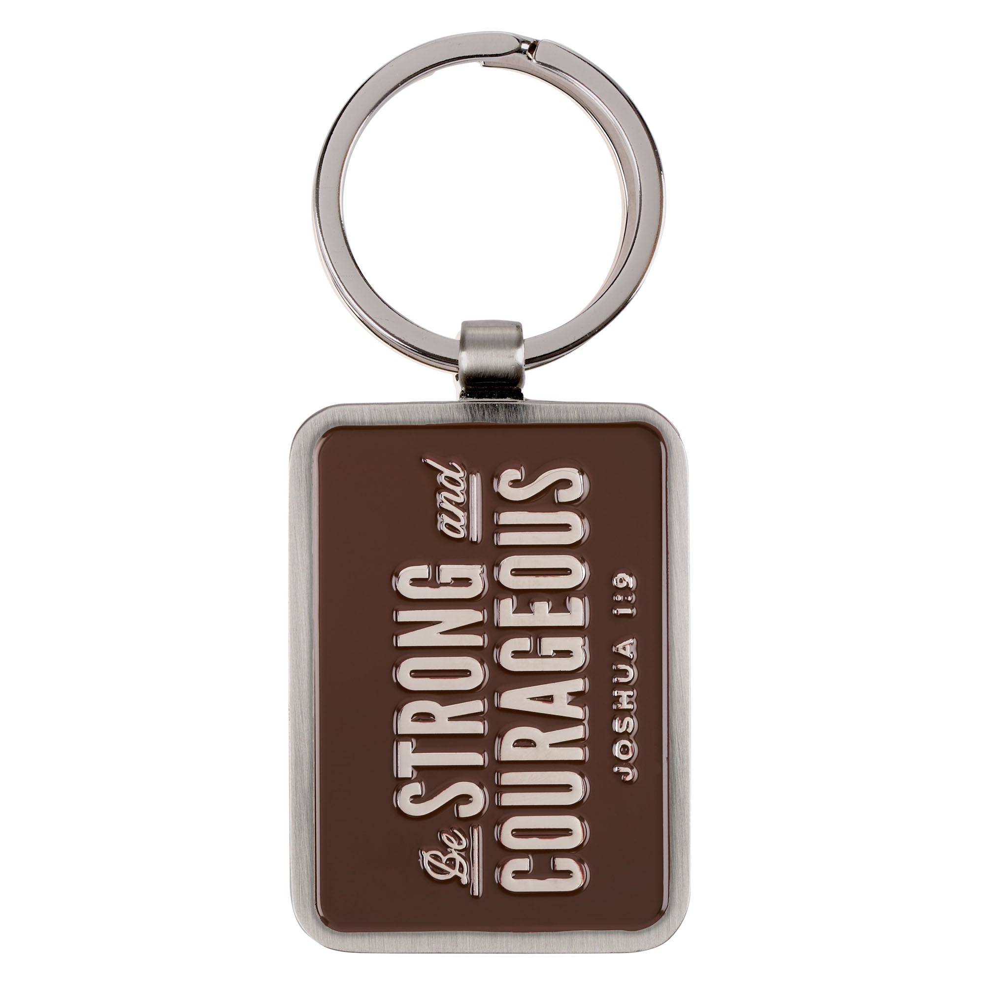 Keyring, Epoxy-filled Metal: Be Strong and Courageous, Brown/Silver