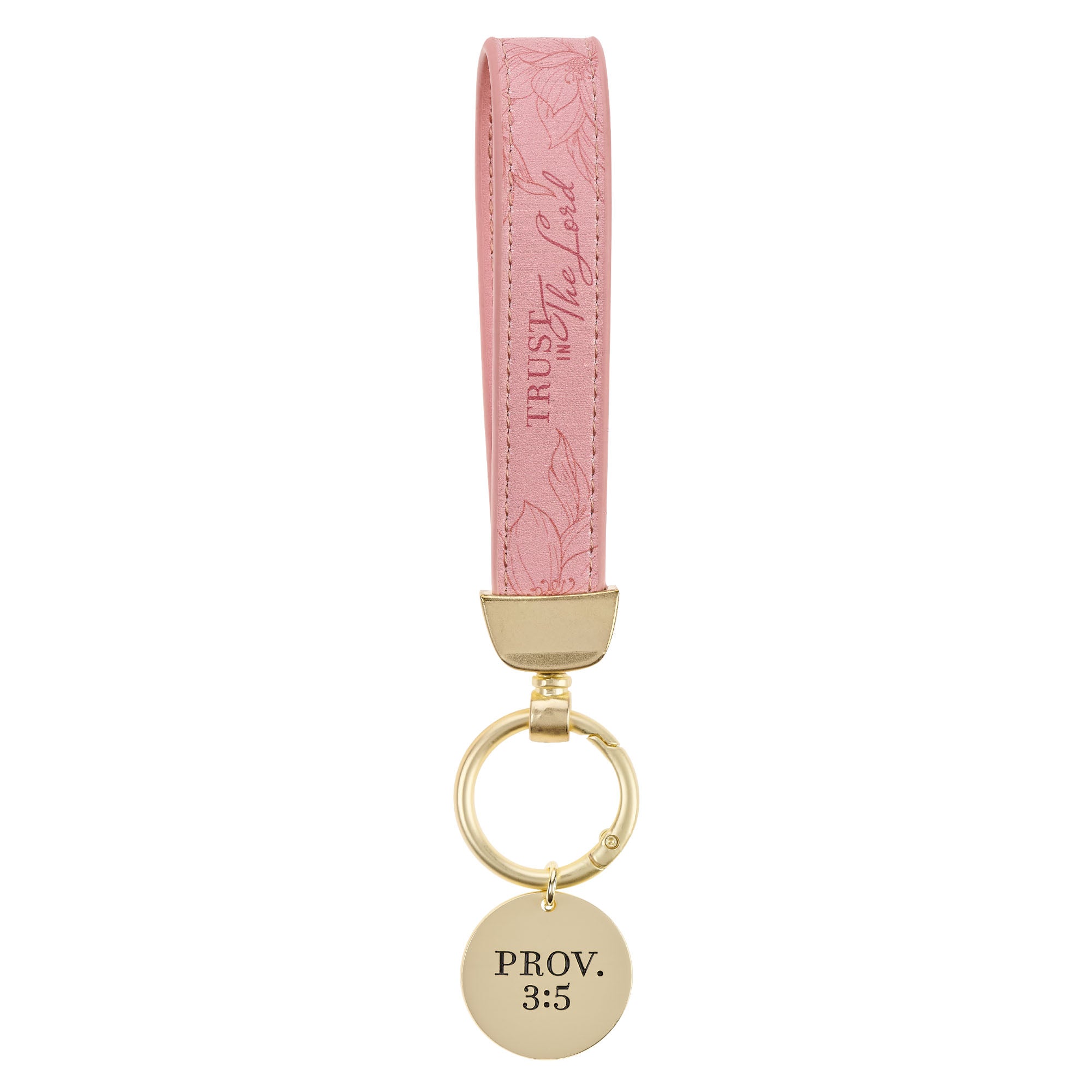 Keyring with Wrist Strap: Trust in the Lord, Prov 3:5 (Metal and Faux Leather) Pink/Gold