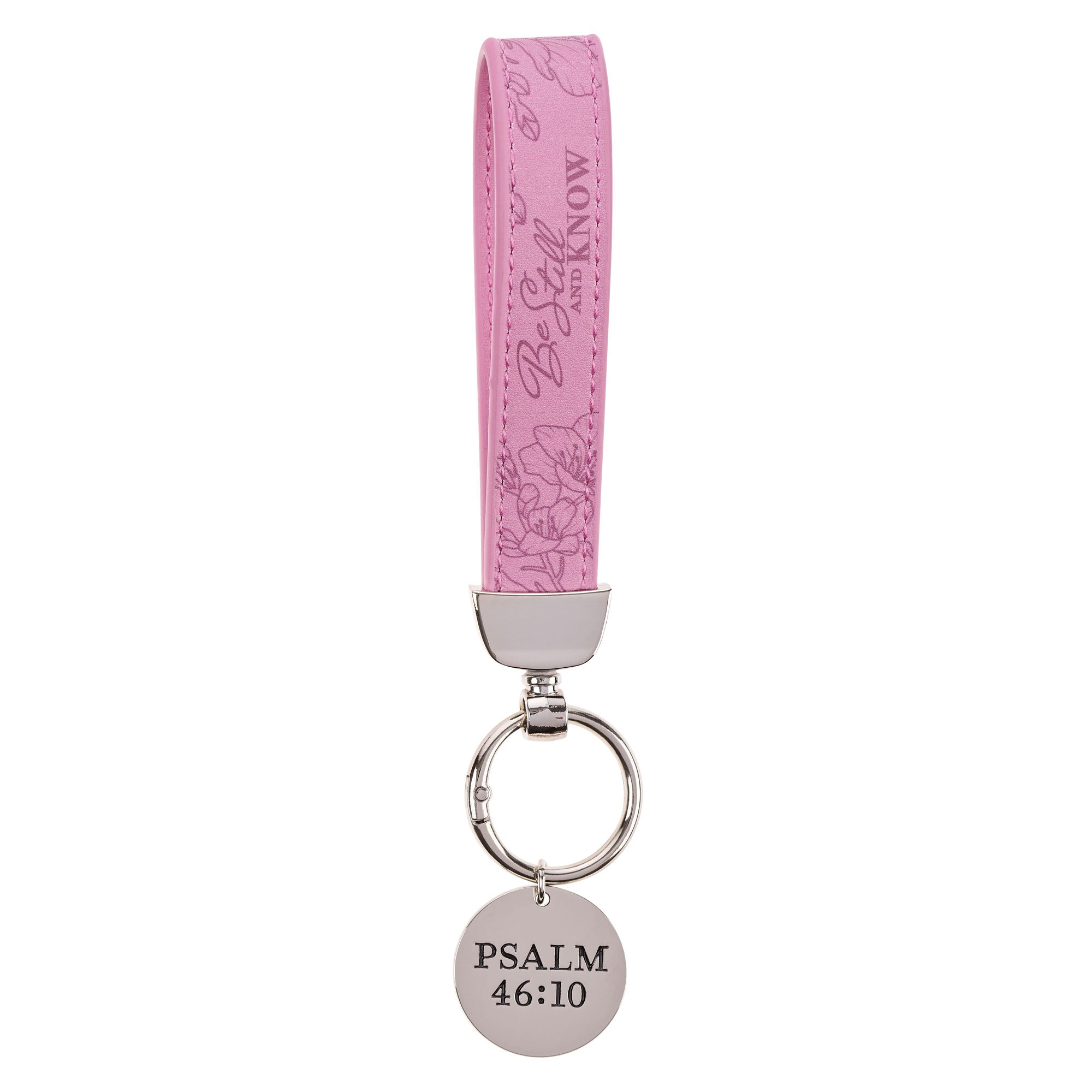 Keyring with Wrist Strap: Be Still and Know, Psalm 46:10 (Metal and Faux Leather) Lilac/Silver