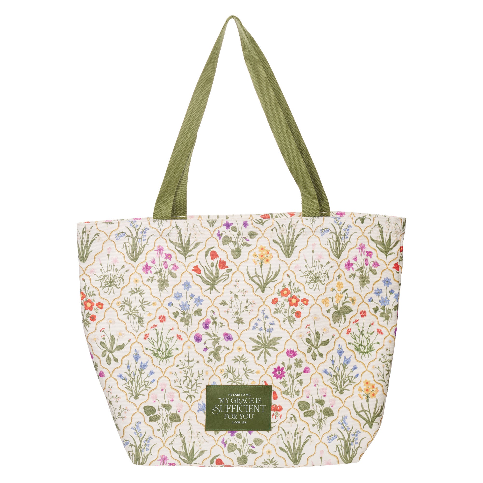 Canvas Tote Bag: My Grace is Sufficient for You, Floral with Green Straps (Grace Taupe Wildflower Collection)