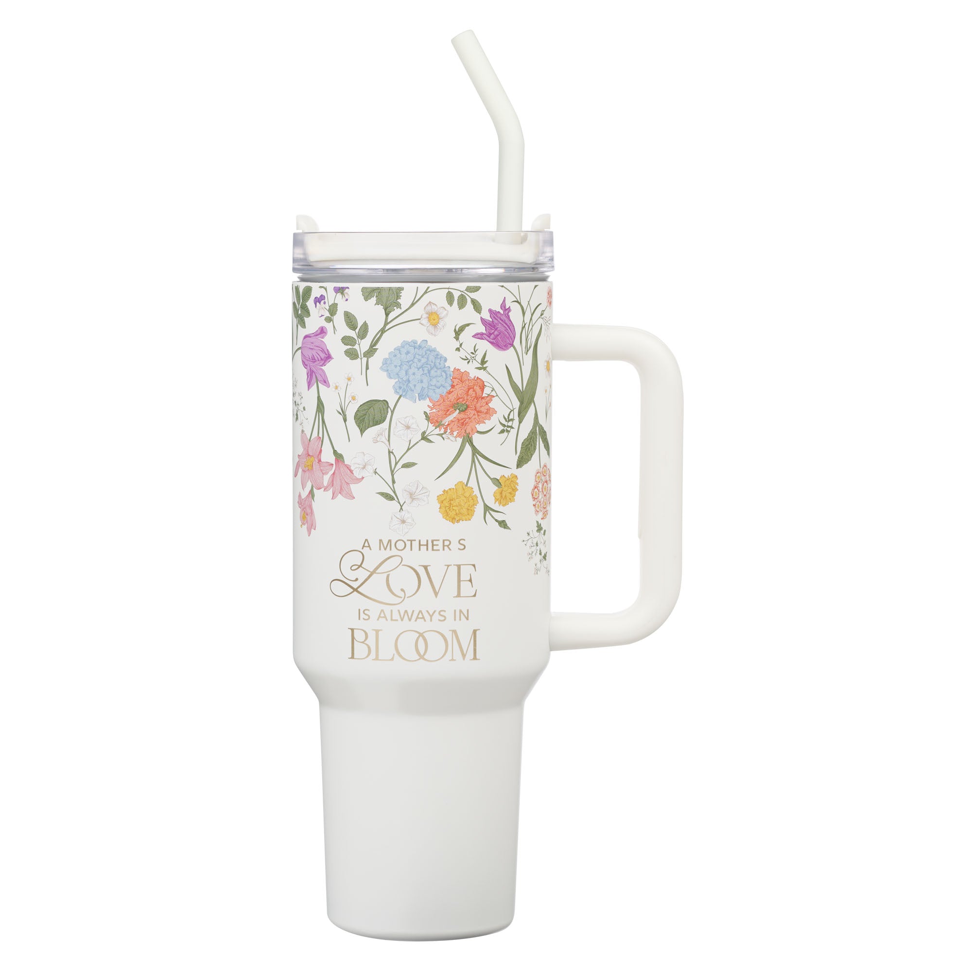 Travel Tumbler with Straw, Stainless Steel, 1183ml (Grace Taupe Wildflower Collection)