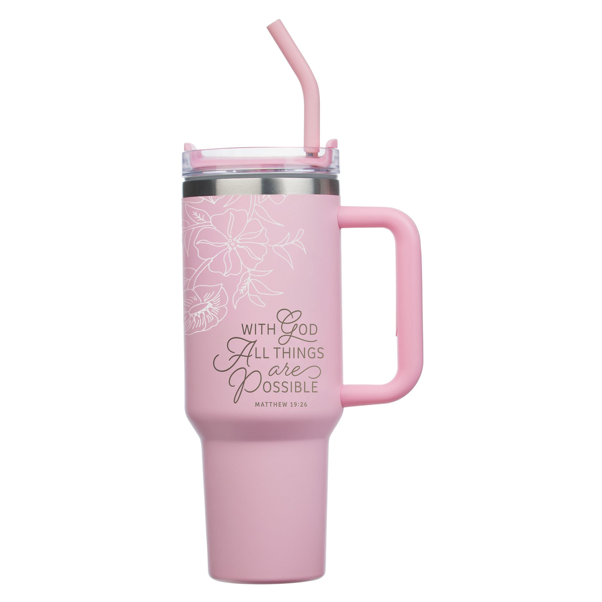 Travel Tumbler with Straw, Stainless Steel, 1183ml (Things are Possible Pink Poppy Collection)