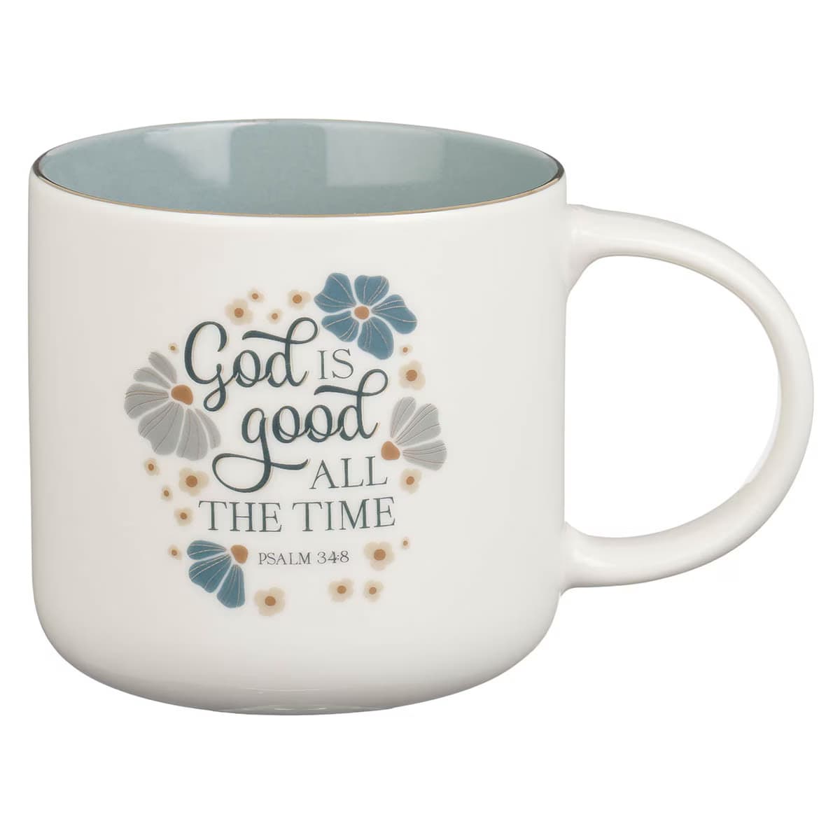 Ceramic Mug: White Blue Floral God Is Good Ps. 34:8