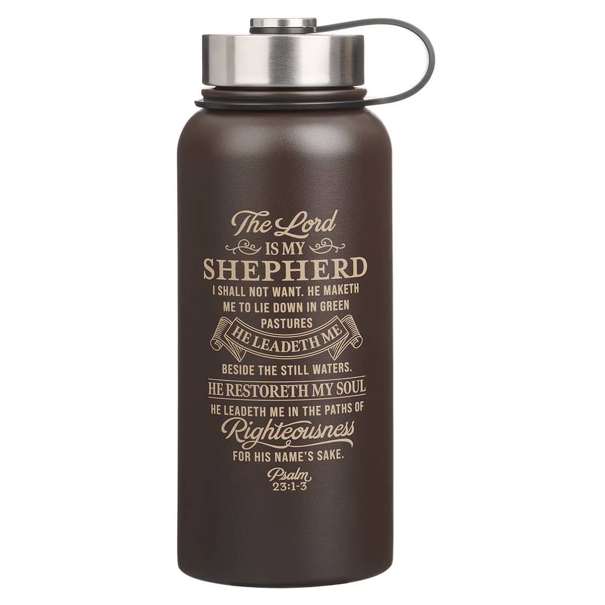 Stainless Steel Water Bottle: Brown, The Lord Is My Shepherd Ps. 23:1-3