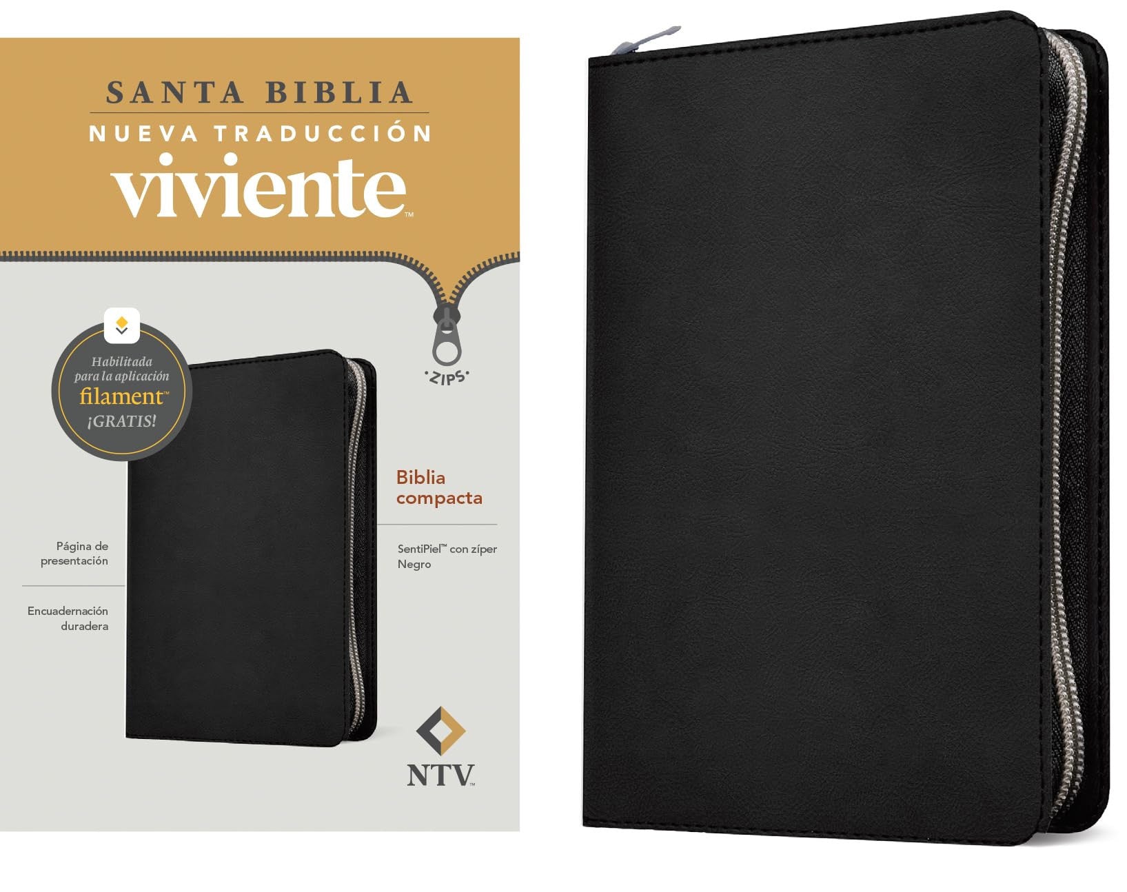 NTV Biblia Compacta de Zíper con Filament, Negro (Spanish Black Letter Edition)
