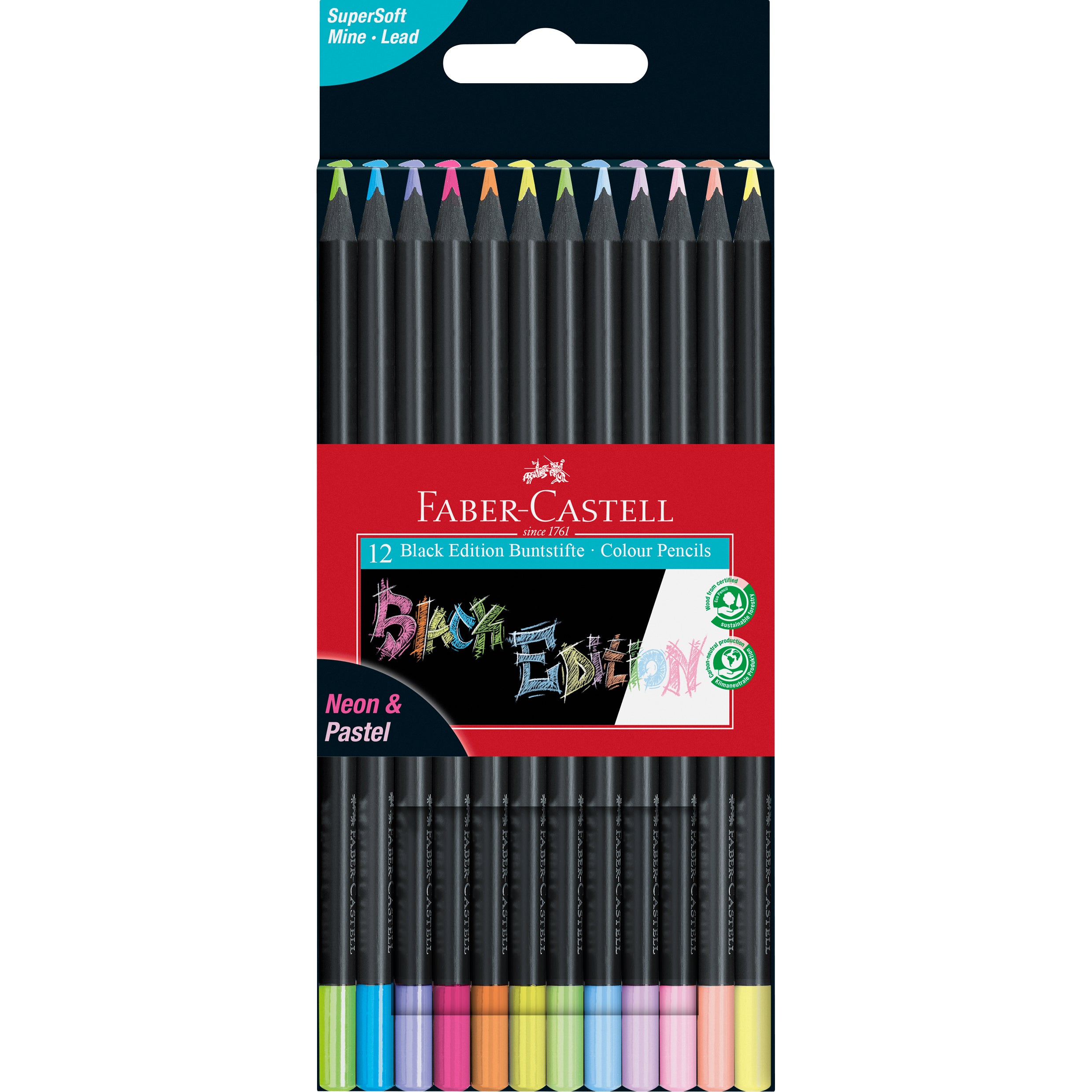 Faber-Castell Full Length Black Edition Pastel & Neon Colour Pencils Set of 12