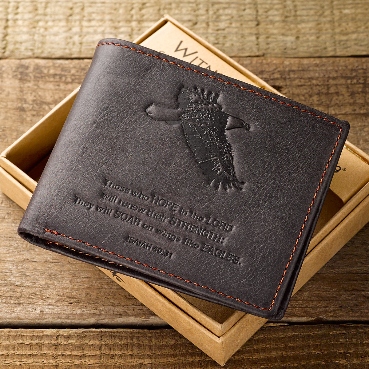 Leather Wallet: Eagle, tan, Bi-Fold, Rfid-blocking, Gift Boxed