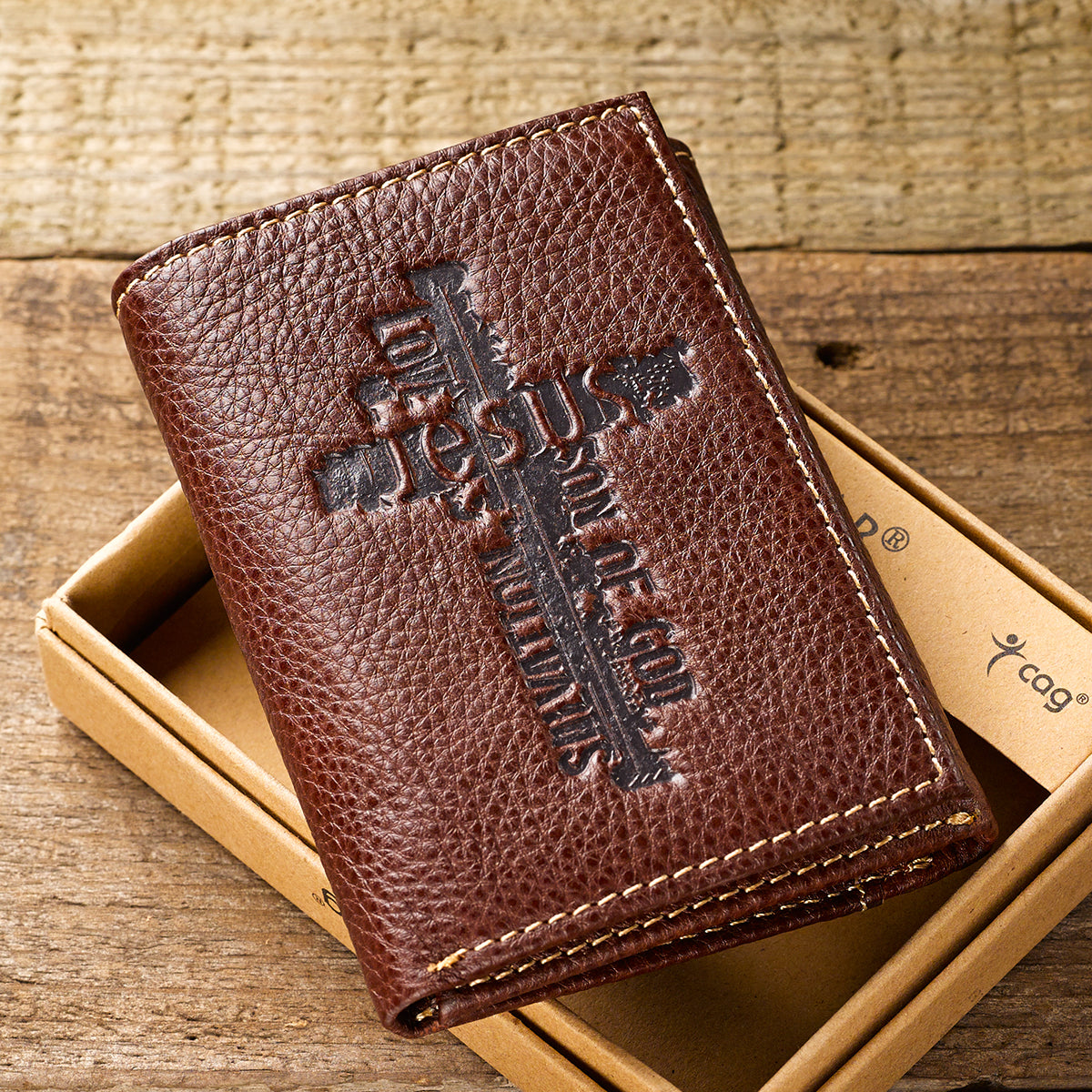Leather Wallet: Jesus Cross, Brown, Tri-Fold, Rfid-blocking, Gift Boxed