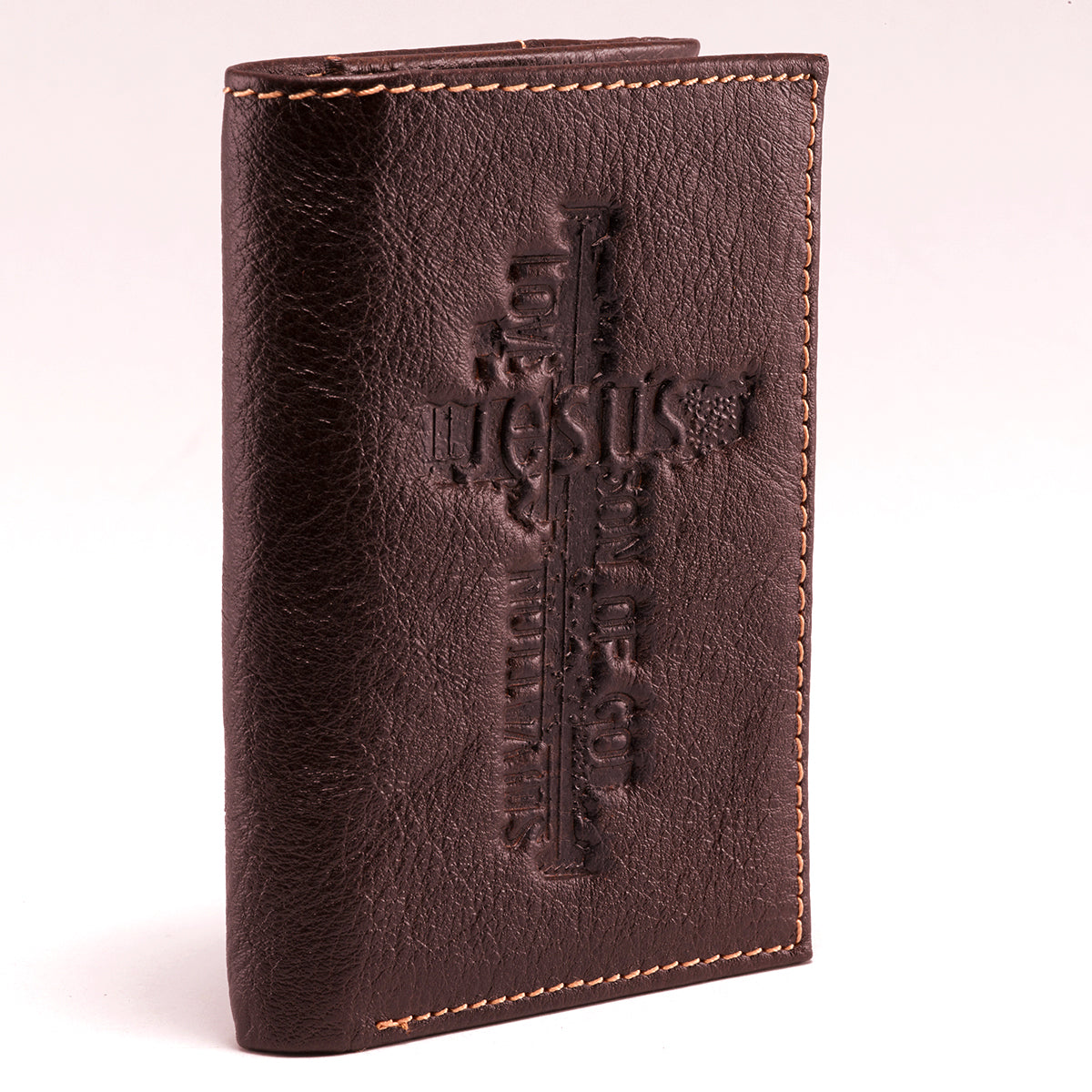 Leather Wallet: Jesus Cross, Brown, Tri-Fold, Rfid-blocking, Gift Boxed