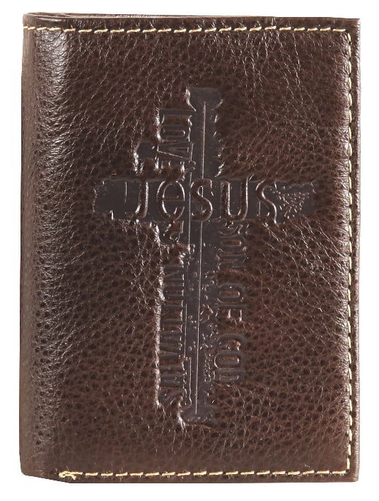 Leather Wallet: Jesus Cross, Brown, Tri-Fold, Rfid-blocking, Gift Boxed