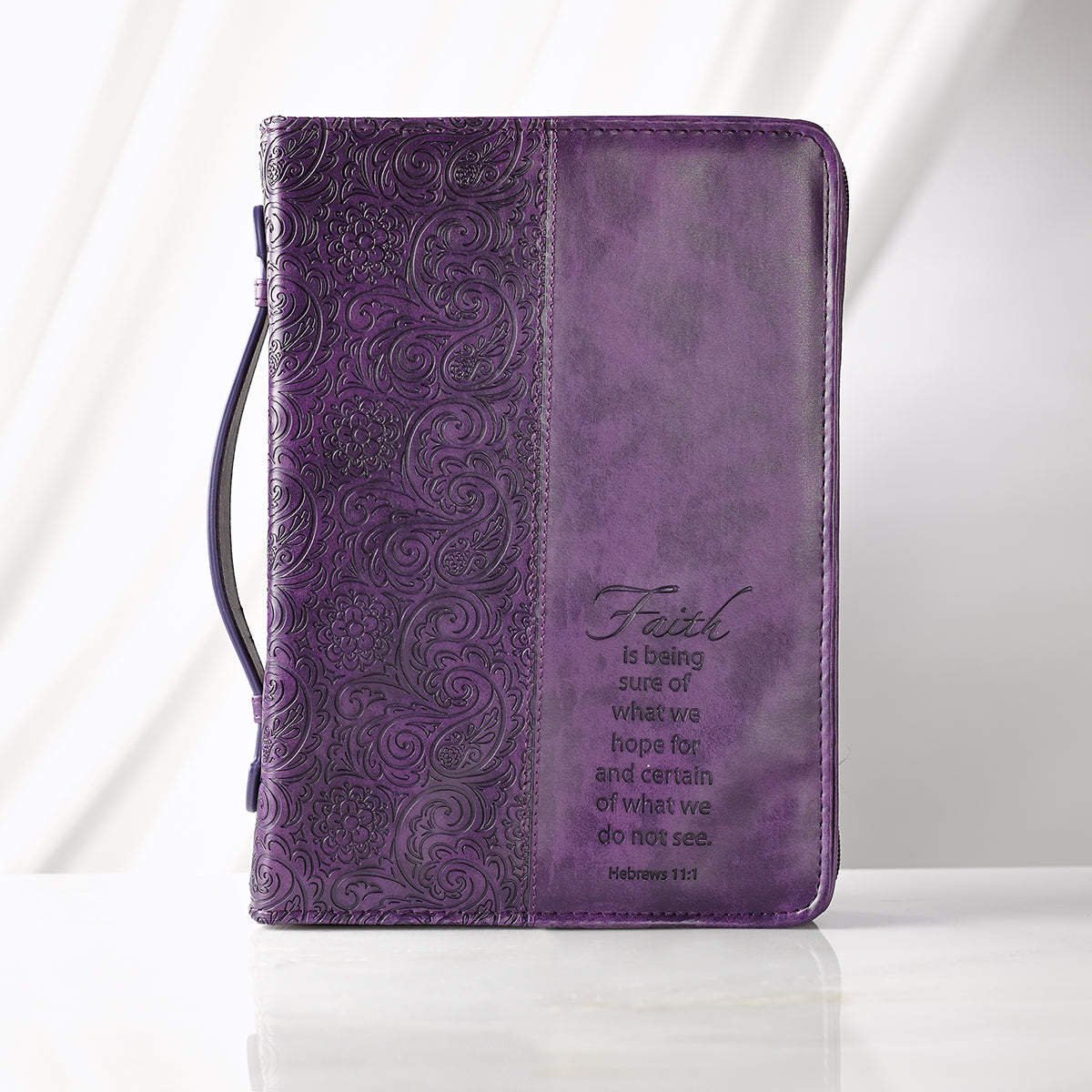 Bible Cover Trendy Medium: Faith, Purple Pattern, Carry Handle, Luxleather