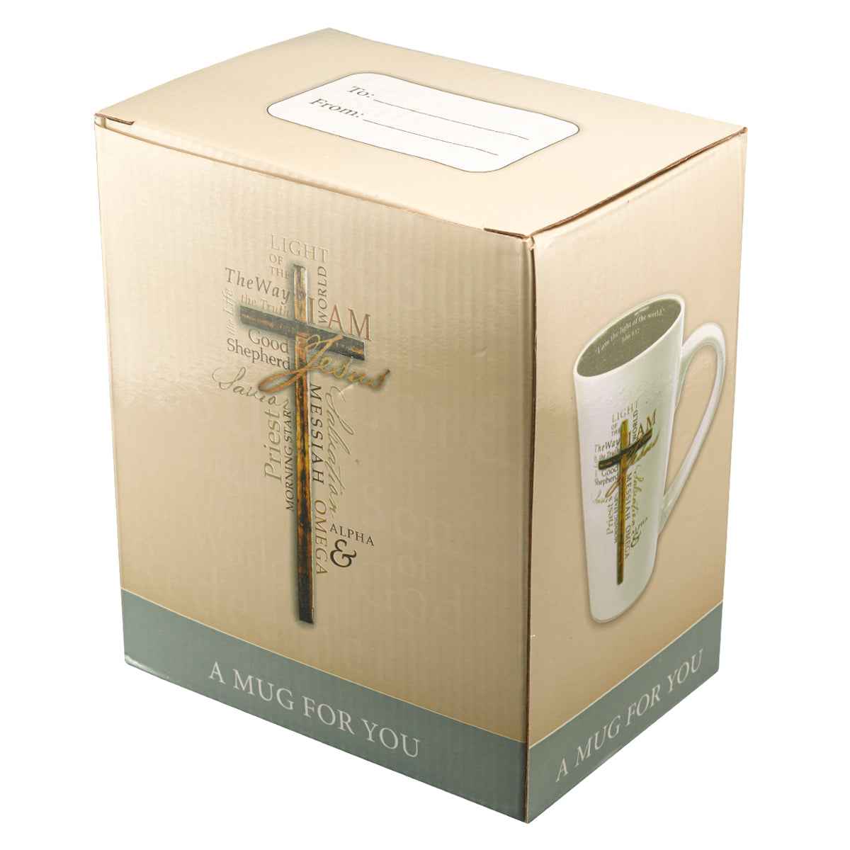 Ceramic Mug: I Am the Light of the World, White/Brown Cross (473ml)
