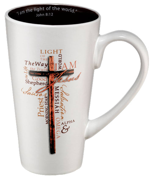 Ceramic Mug: I Am the Light of the World, White/Brown Cross (473ml)
