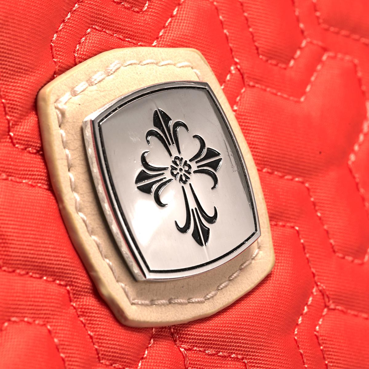 Nylon Tote Bag: Salmon/Cream With Tassel and Metal Badge