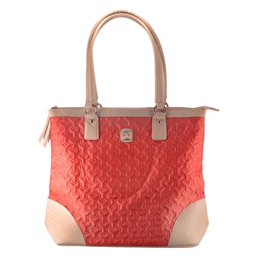 Nylon Tote Bag: Salmon/Cream With Tassel and Metal Badge