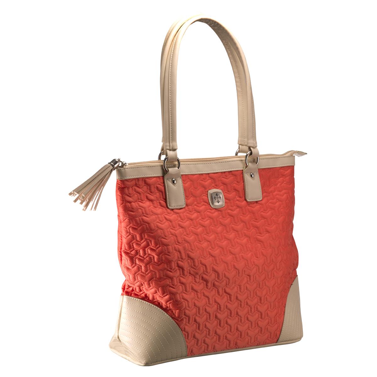 Nylon Tote Bag: Salmon/Cream With Tassel and Metal Badge