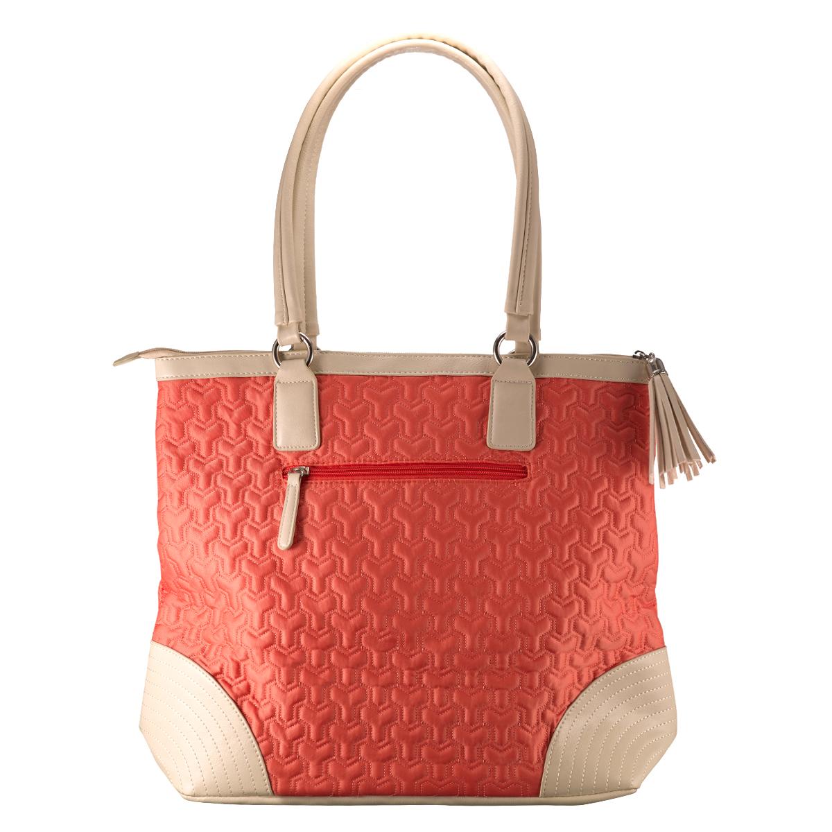 Nylon Tote Bag: Salmon/Cream With Tassel and Metal Badge