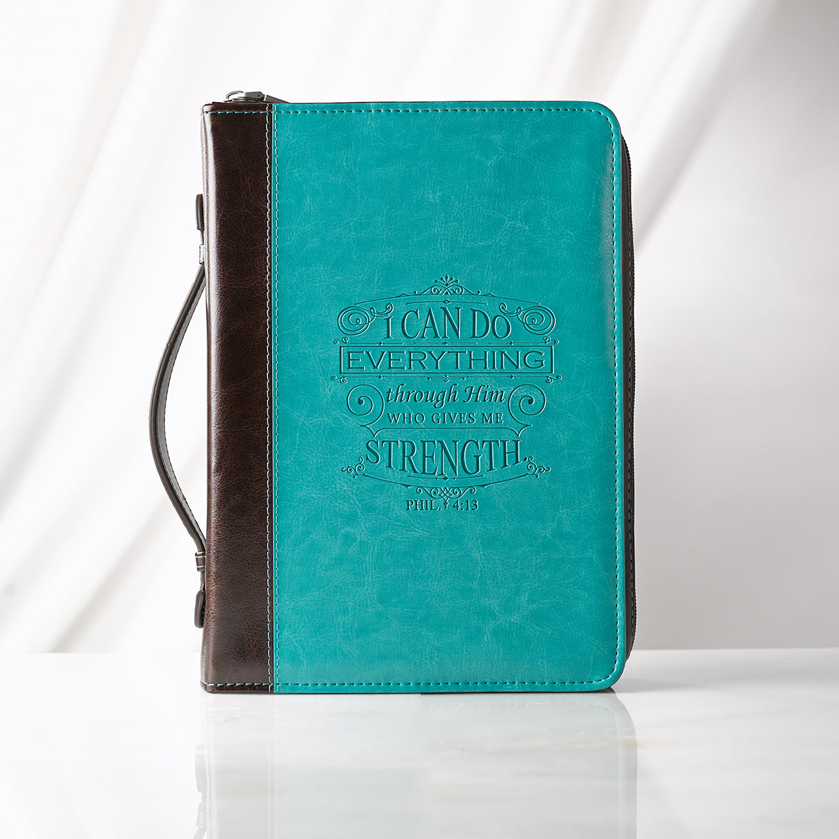 Bible Cover Medium I Can Do All Things Phil. 4: 13 Turquoise Debossed Luxleather